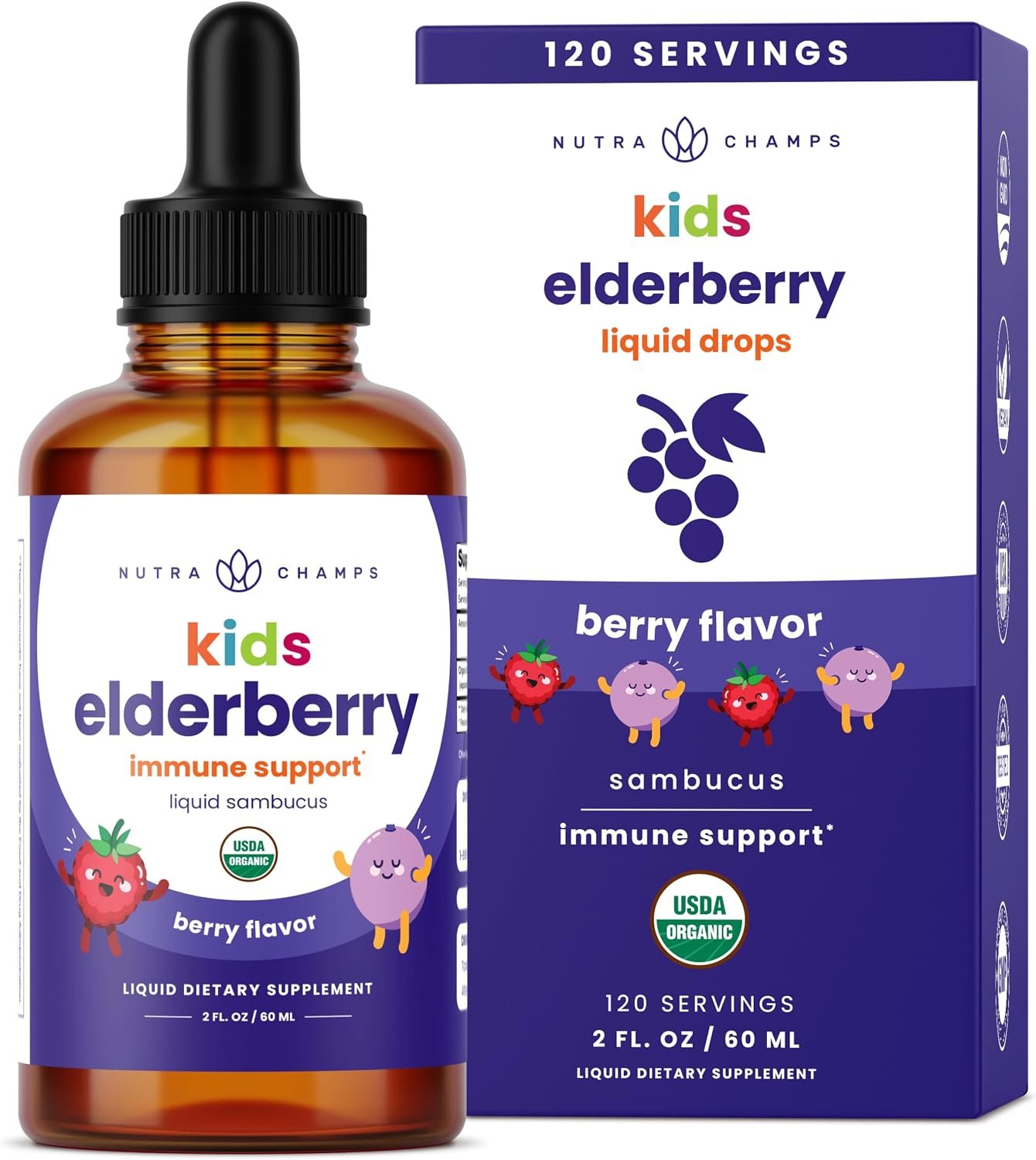 NutraChamps Organic Black Elderberry for Kids Liquid Drops, 10:1 Extract Sambucus Elderberry Syrup for Kids, Sugar-Free European Elderberry Drops Berry Flavor, Immune Support, 4 Month Supply