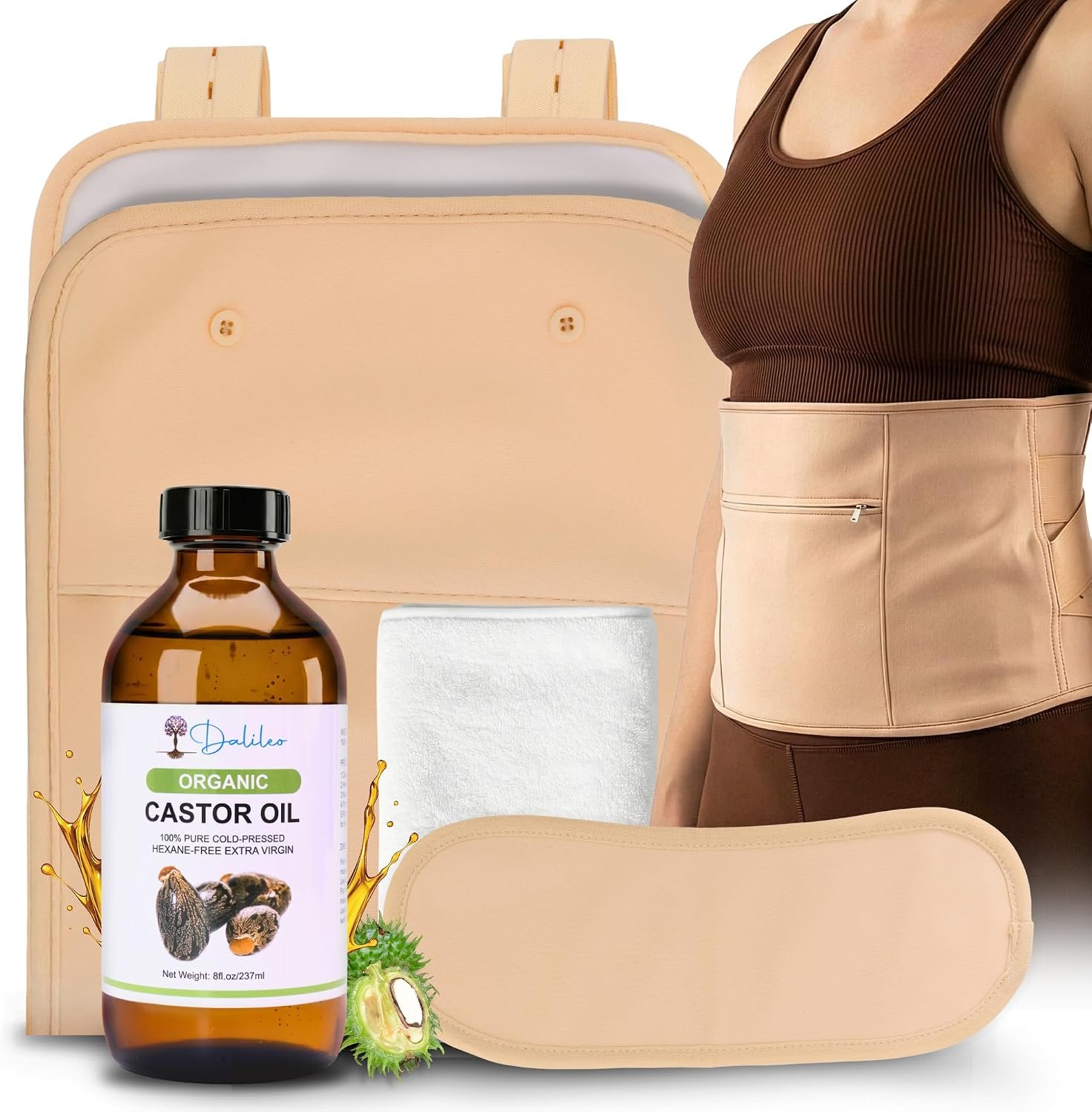 Dalileo Castor Oil Organic Cold Pressed 8oz, Reusable Castor Oil Pack Wrap