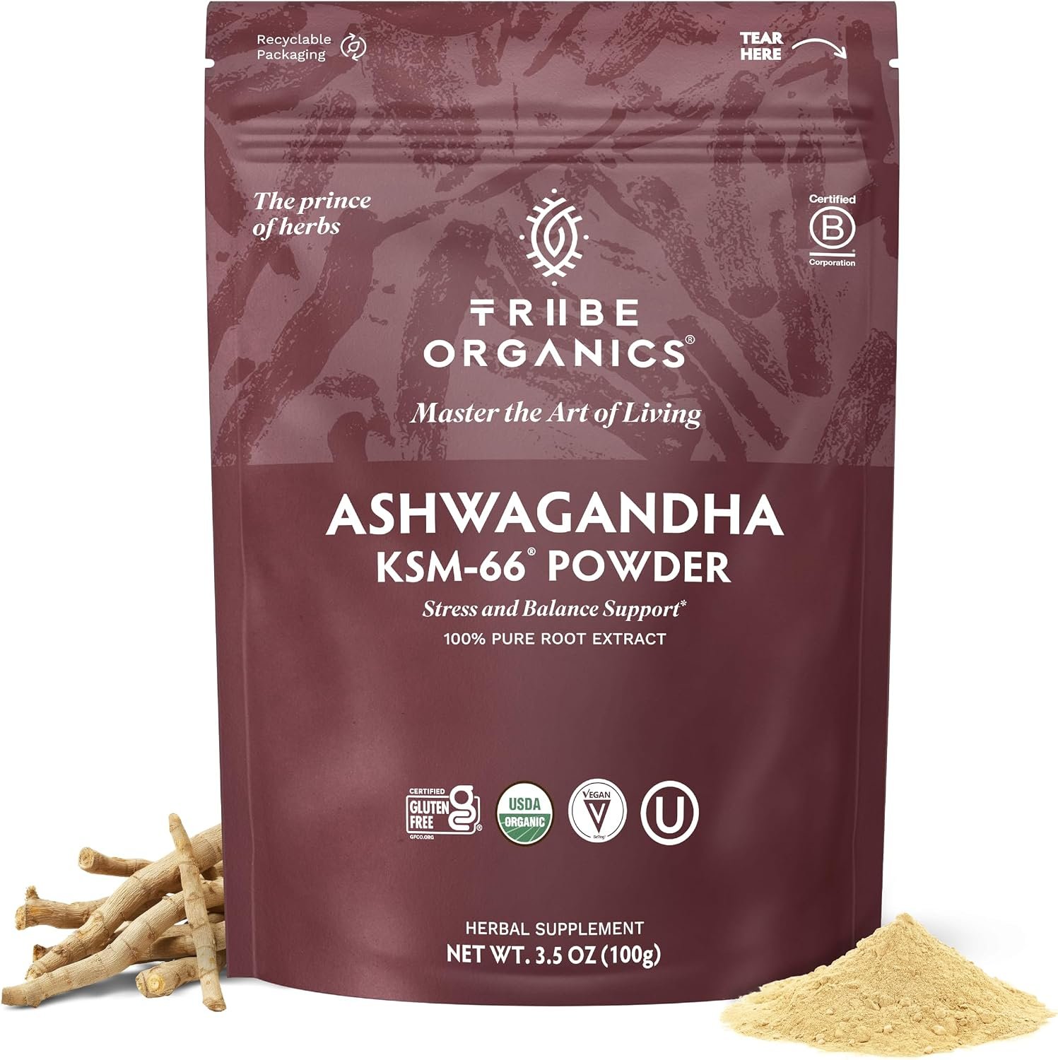 TRIBE ORGANICS KSM-66 Ashwagandha Powder, Organic Root Extract, 100g