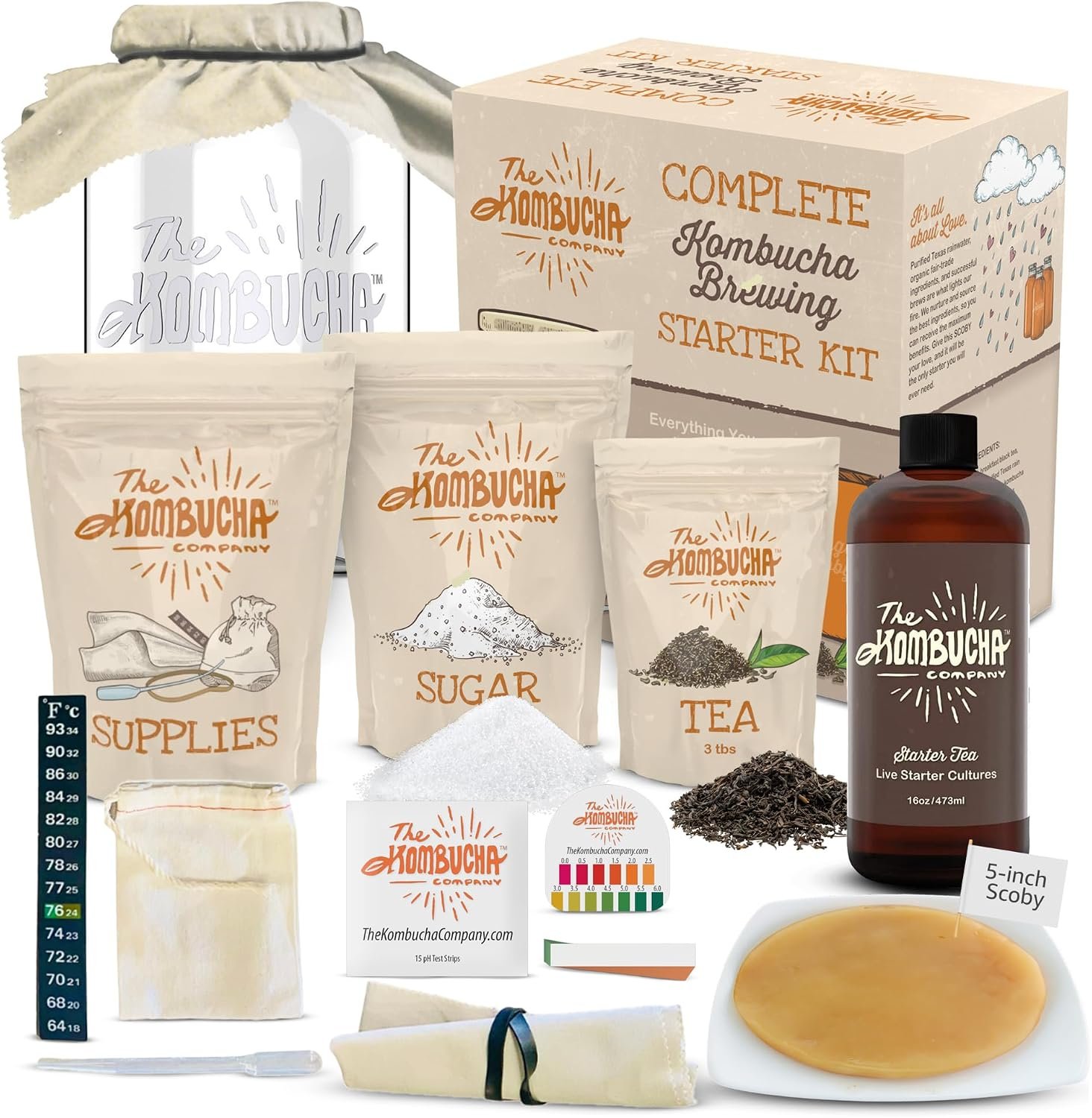 Kombucha Home Brewing Starter Kit | 5-Inch Large Scoby | Complete Kit with 16 oz Starter Tea, Brewing Jar & Supplies | Brew Unlimited Kombucha