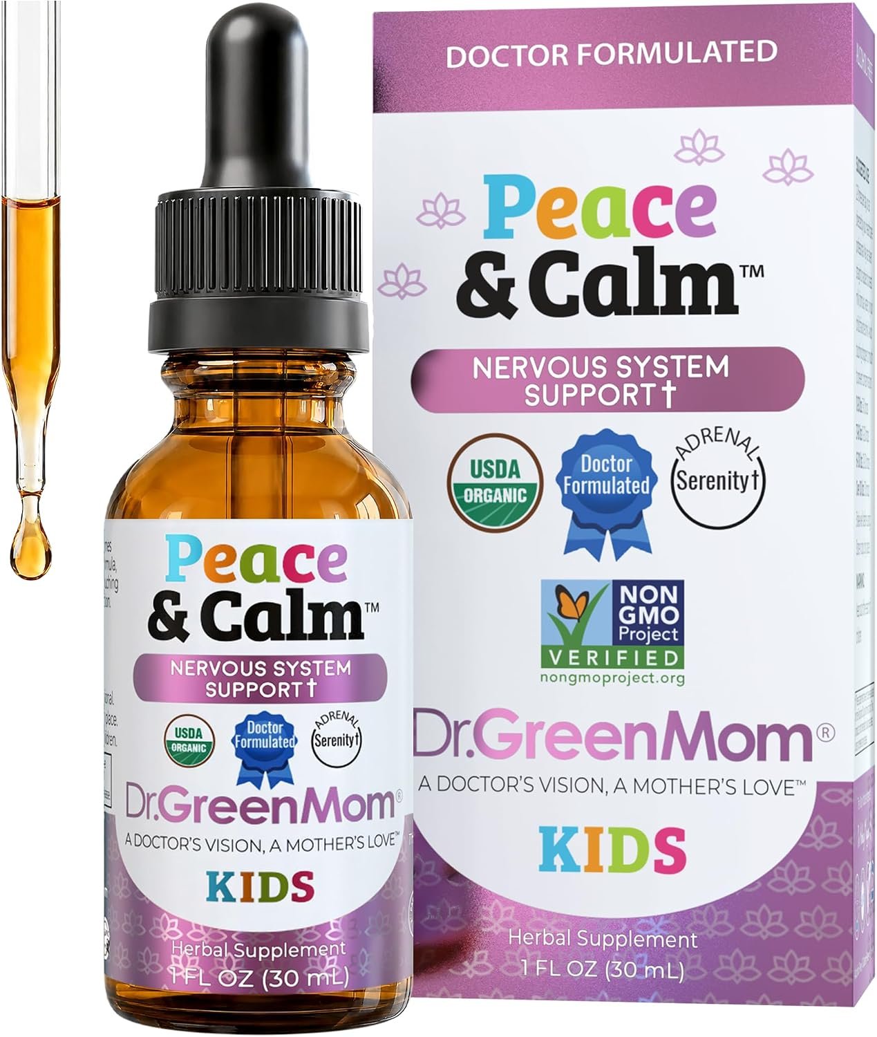 Dr. Green Mom Peace & Calm Kids — Herbal Remedy for Mood, Stress, Sleep & Relaxation — Chamomile Supplement with St. John’s Wort, Lemon Balm & Valerian — Sugar-Free, Dye-Free — 1 Fl Oz