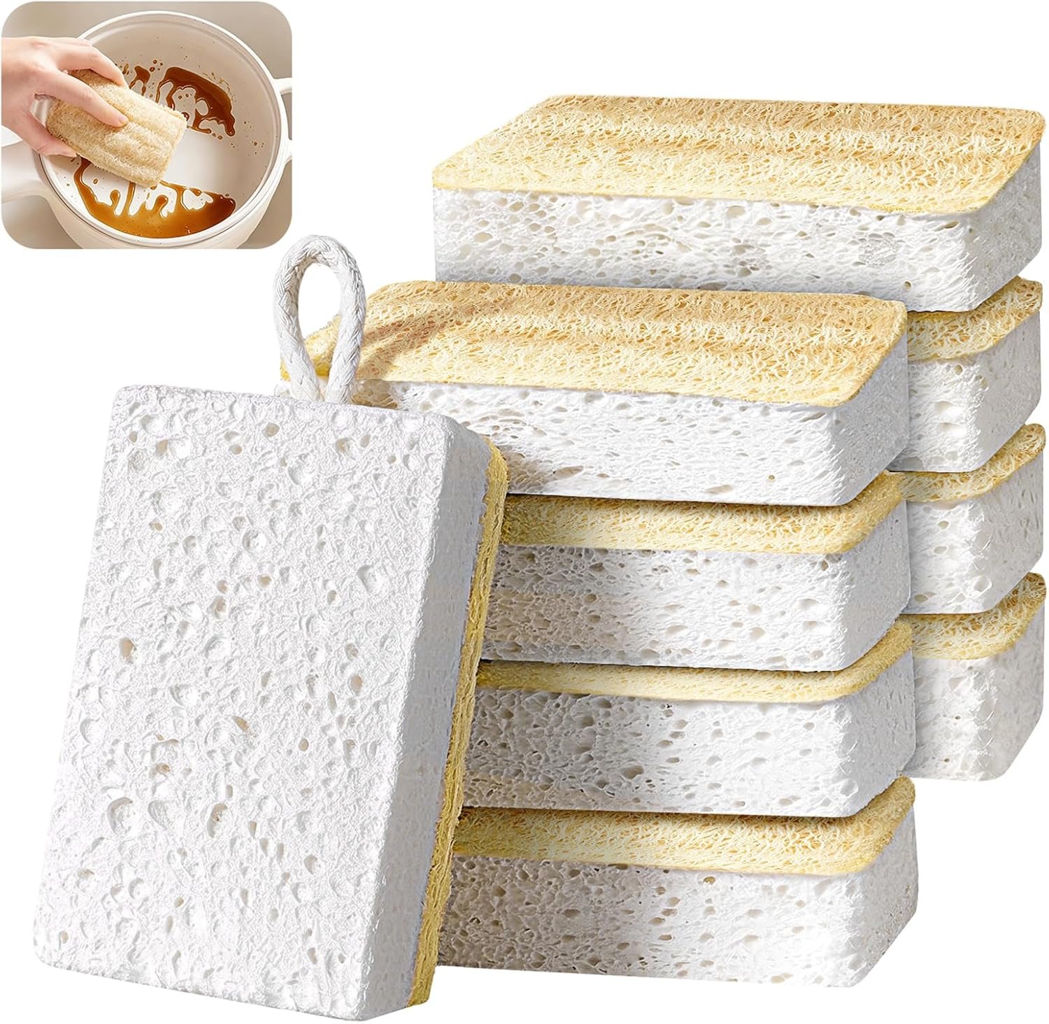 Natural Loofah Kitchen Sponges, 8 Pack Eco Compostable Cellulose Dish Washing Scrubbers, Non-Scratch Plastic-Free Cleaning Sponge Pads for Dishes, Pans, Sink, Cookware & Bathroom
