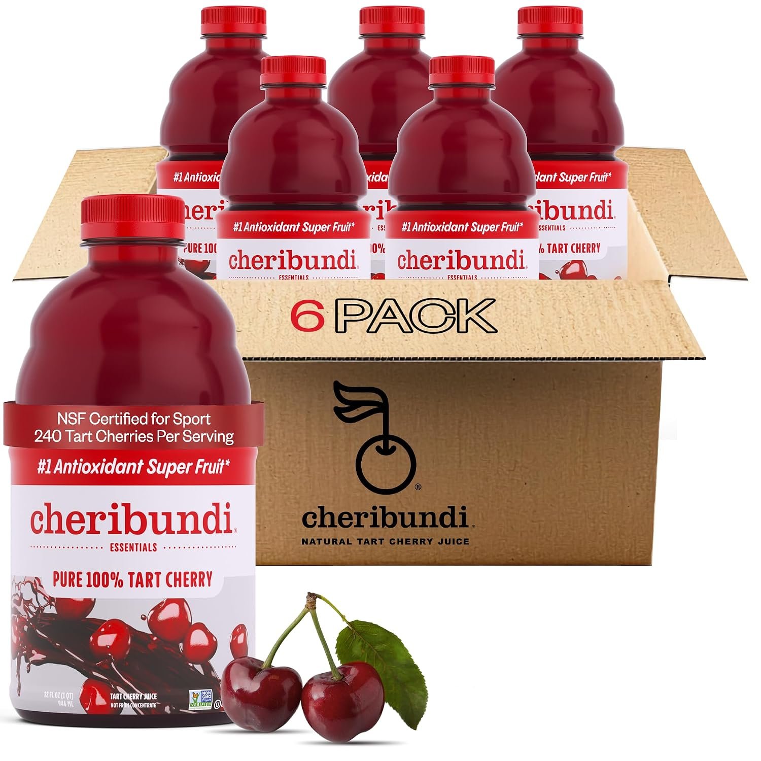 Cheribundi 100% Tart Cherry Juice Pure – Unsweetened – 32 fl oz, 6 Pack