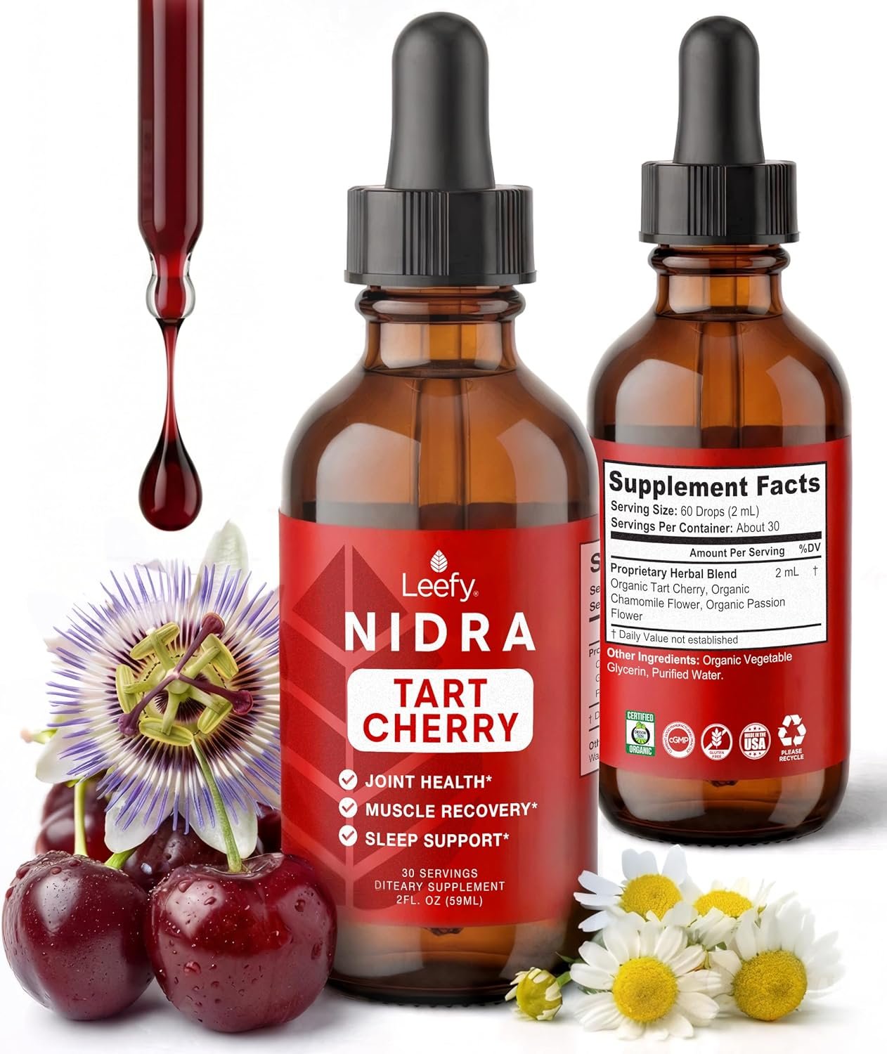 Leefy Organics Tart Cherry Supplement – Non-Habit Forming Melatonin Alternative for Sleep & Joint, Uric Acid Support – Fast Absorbing Liquid Tincture Drops with Chamomile, Passionflower – 30 Servings