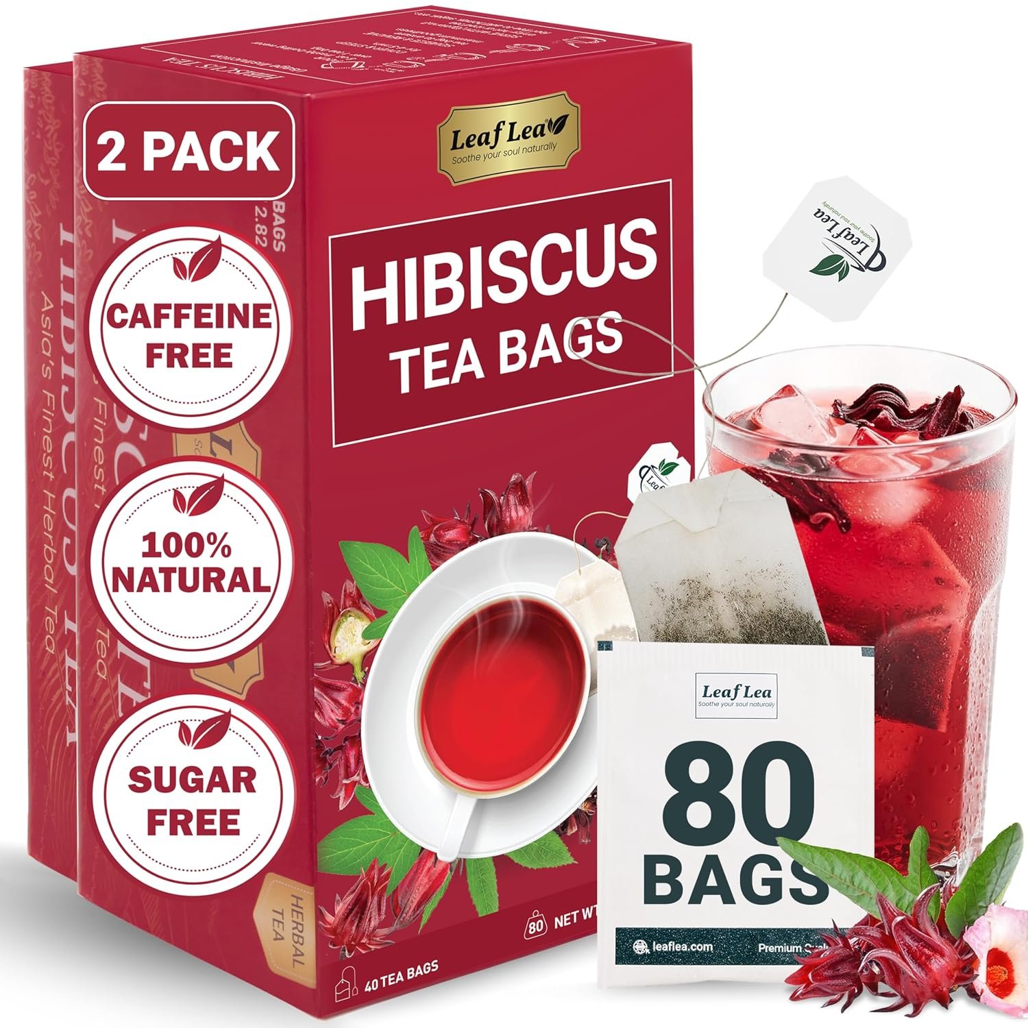 LeafLea 80 Hibiscus Tea Bags, 100% Natural Hibiscus Flowers