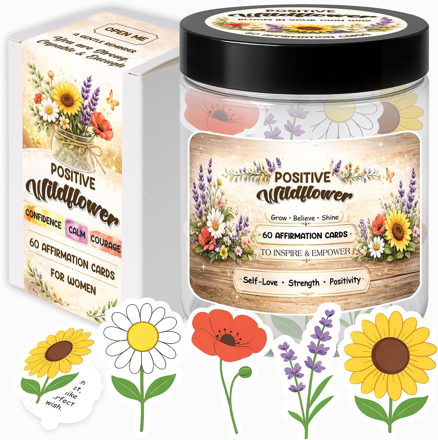 Positive Affirmation Cards for Women, Wildflower Jar with 60 Daily Card Set