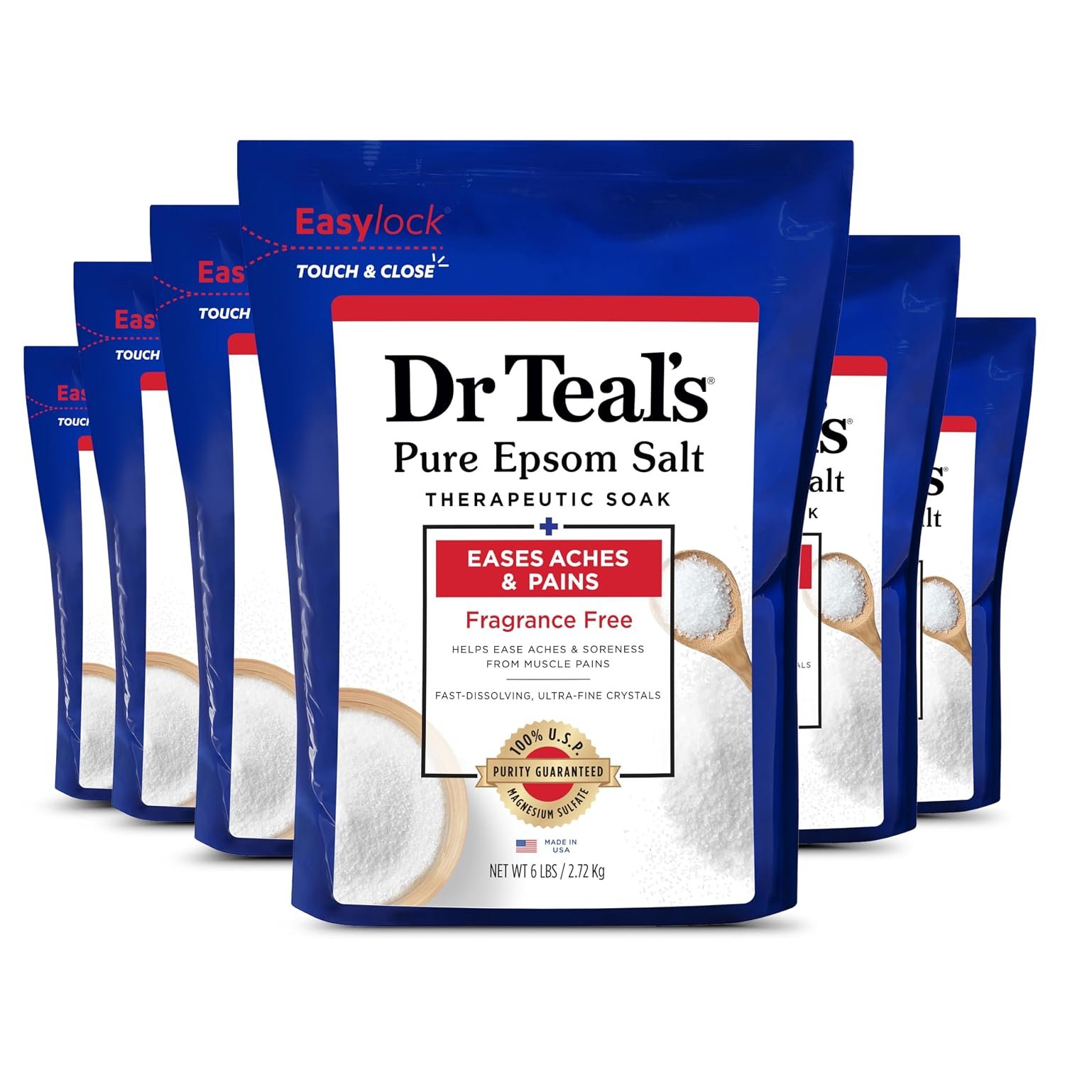 Dr Teal’s Pure Epsom Magnesium Salt Soak, Fragrance Free, 6 lbs (Pack of 6)