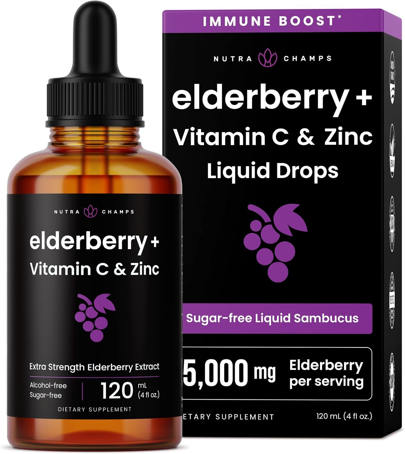 NutraChamps Organic Elderberry Syrup – Elderberry Extract with Vitamin C & Zinc – Black Elderberry Liquid Drops – Sugar-Free Immunity Booster, Vegan, Gluten-Free