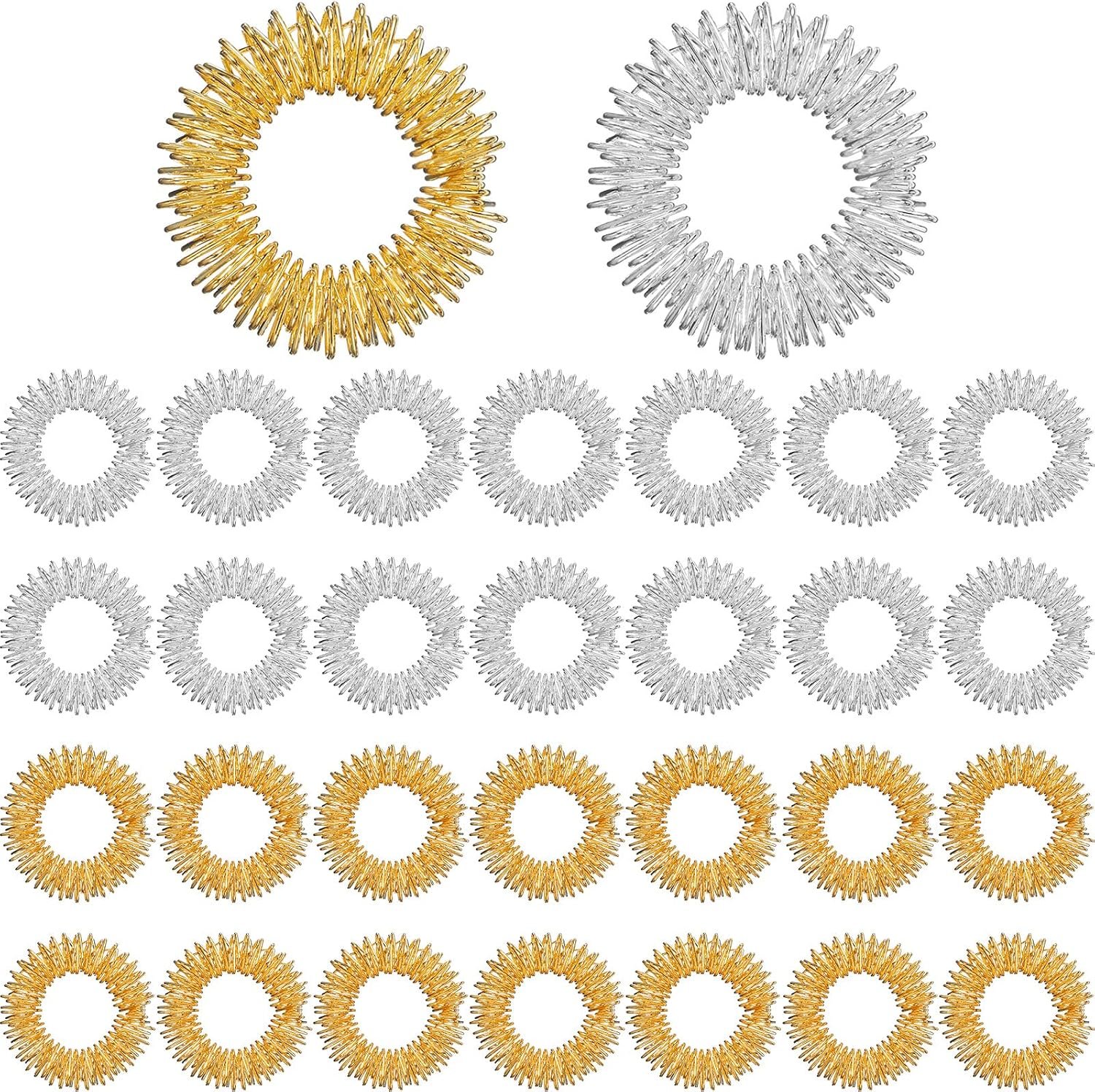 Blulu 30 Pack Spiky Finger Sensory Ring Gold Silver Acupressure Rings for Fingers Stress Relief Massager Toys for Teens Adults Silent Stress Reducer(2.5 cm/ 0.98 Inch)