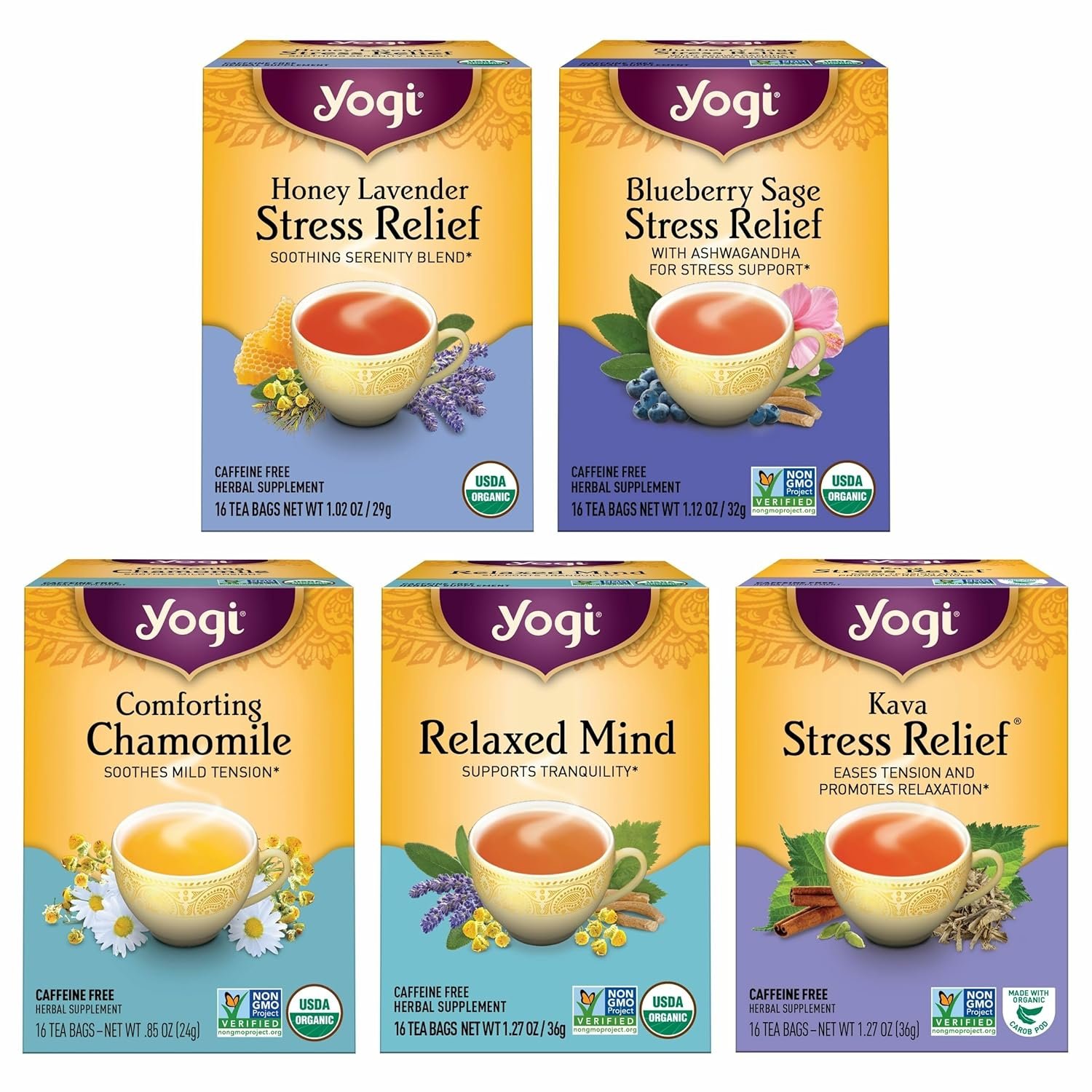 Yogi Stress Relief and Relaxation Variety Sampler, 16 Tea Bags (5 Pack)