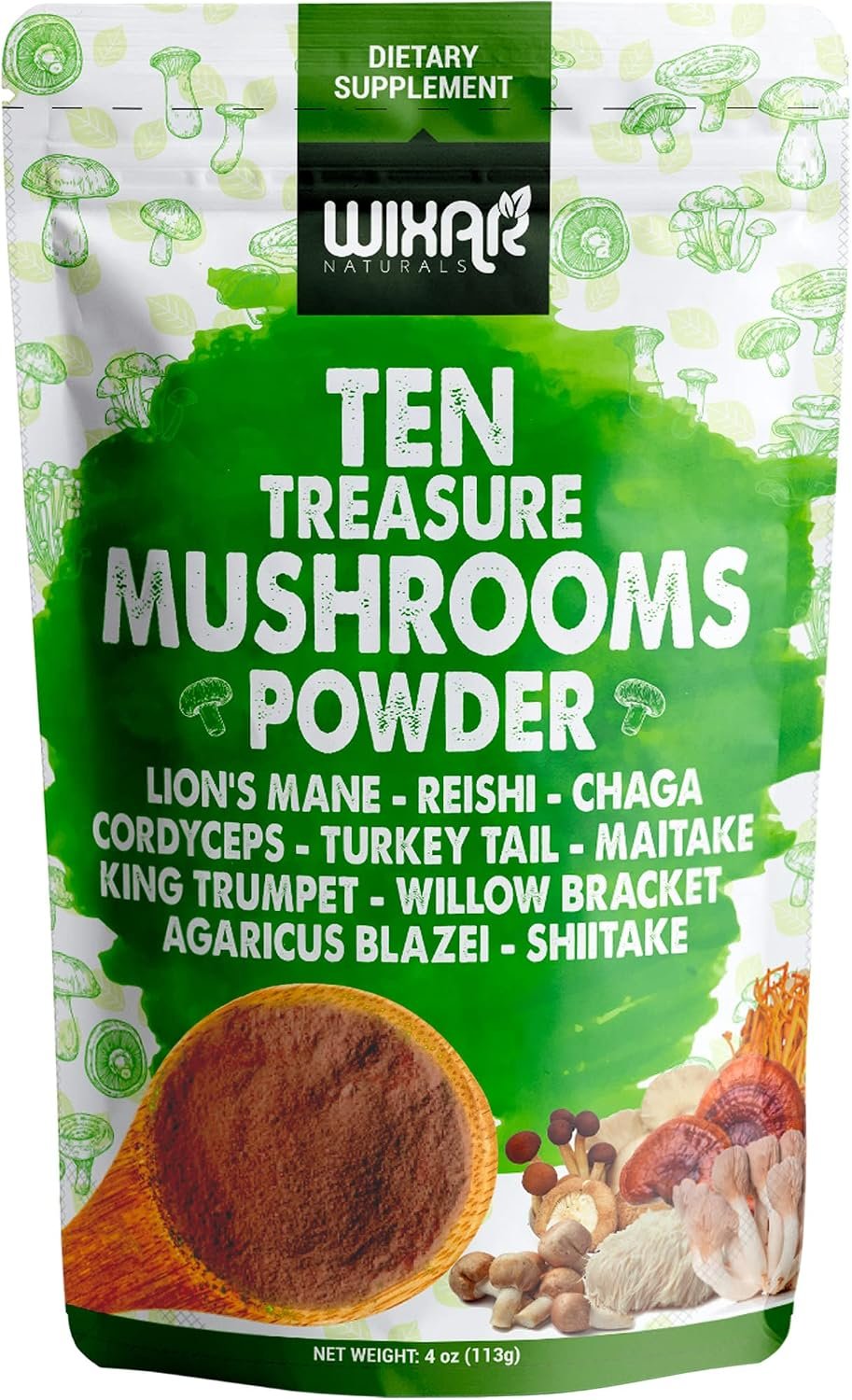 Wixar Mushroom Powder – Ten Treasure Mushrooms Extract Supplement 4oz