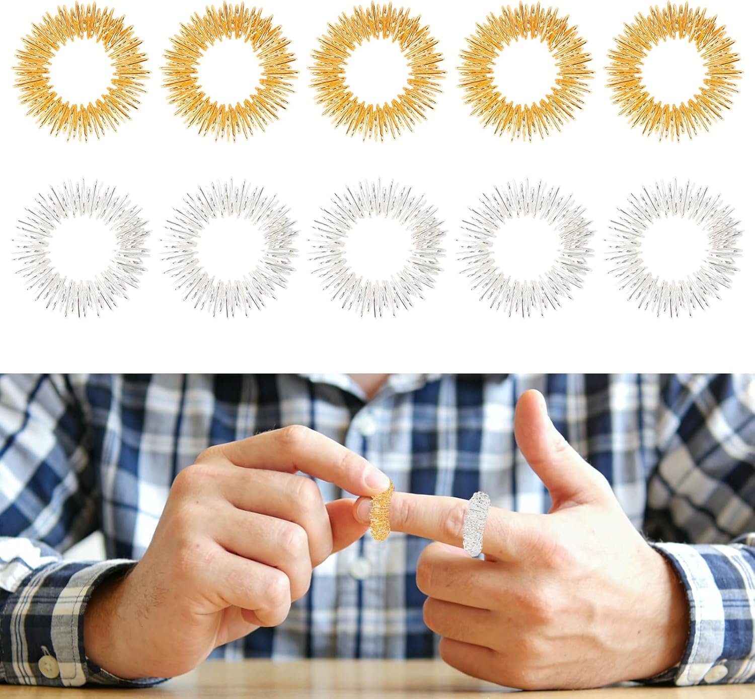 10 Spiky Sensory Rings, Teenagers and Adults, Sensory Stress Relief Set, Massager to Relieve Anxiety and Restlessness