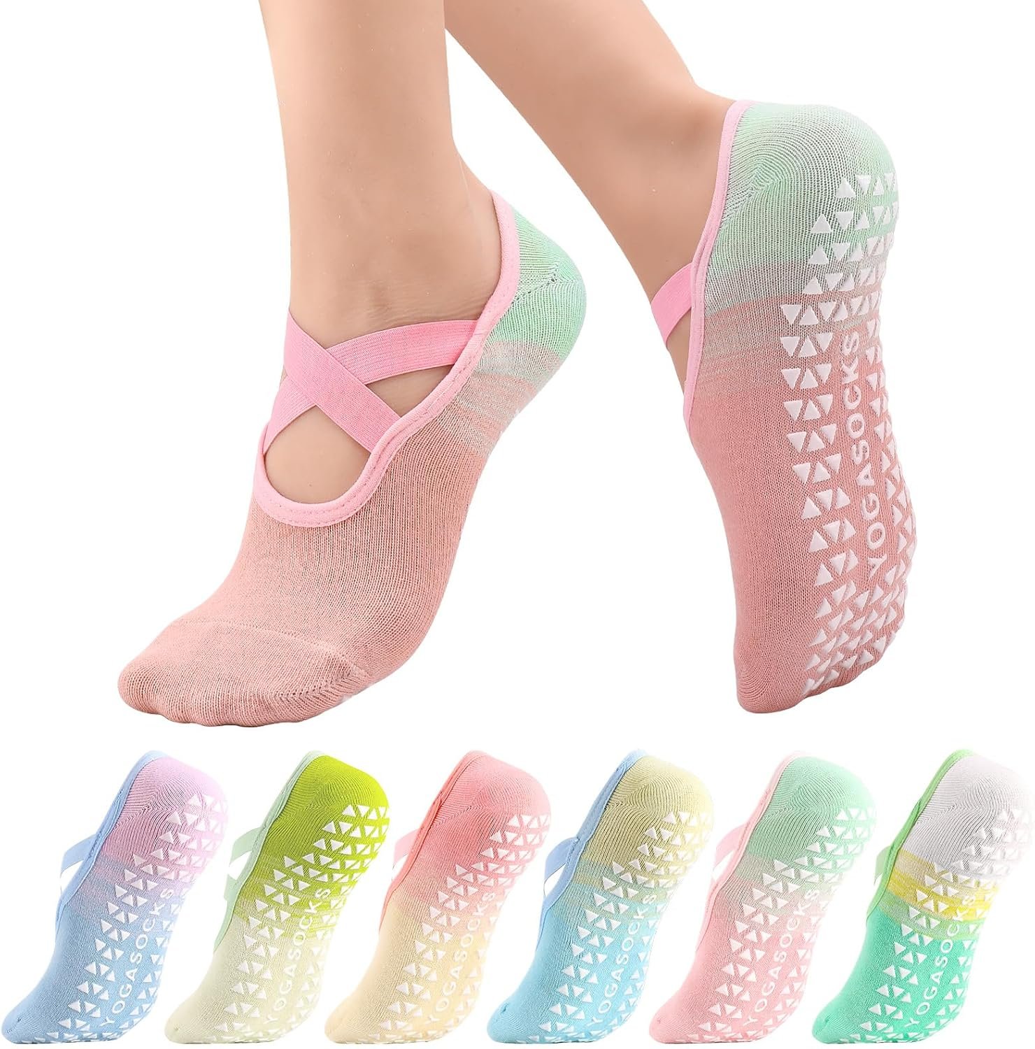 6 Pairs Pilates Socks for Women, Gradient Cotton Yoga Socks with Straps