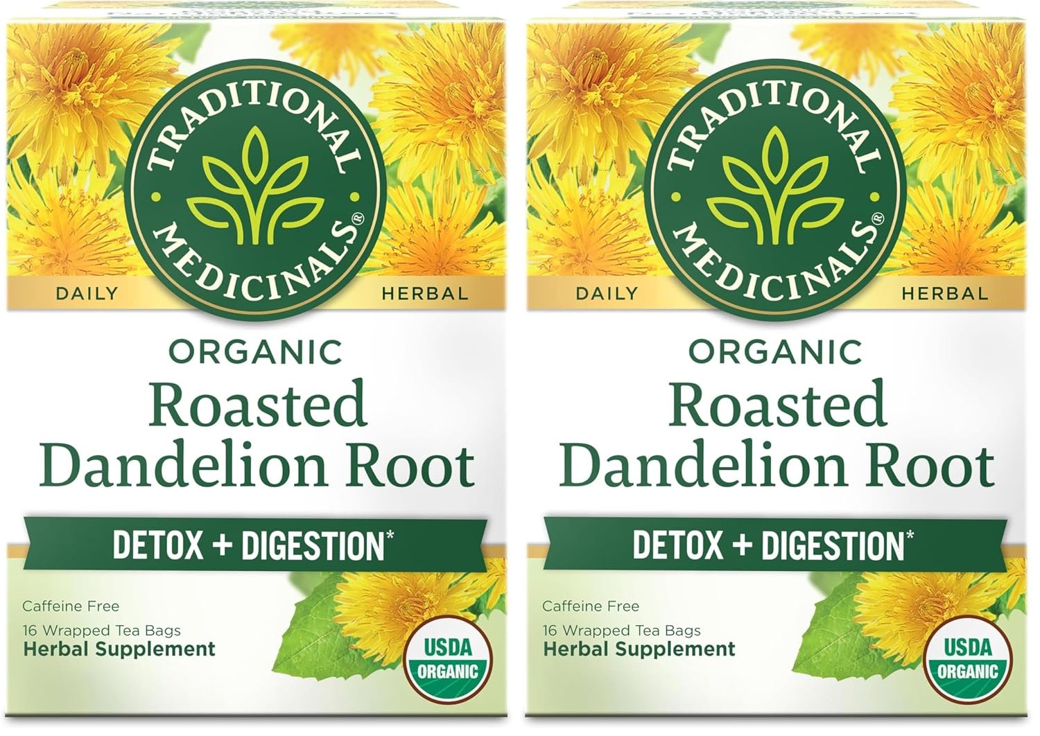 Traditional Medicinals Organic, Roasted, Dandelion Root Tea – Supports Normal Detox + Digestion – Kosher, Non-GMO, Caffeine-Free, Compostable – 16 Tea Bags, (Pack of 2)