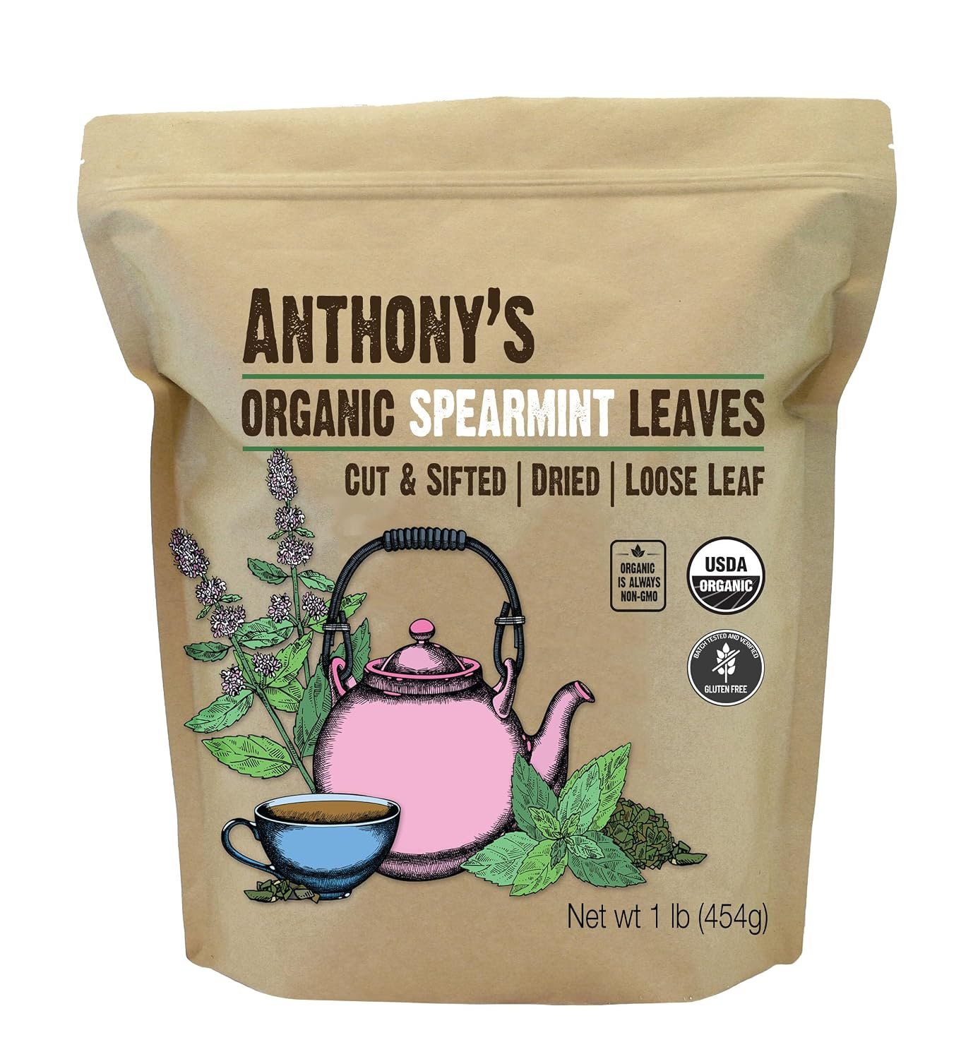 Anthony’s Organic Dried Spearmint Leaves, 1 lb, Gluten Free, Non GMO, Cut and Sifted