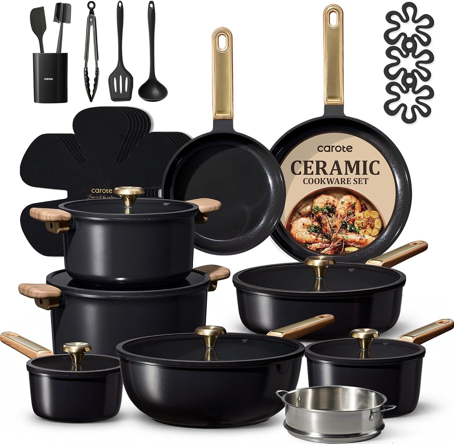 CAROTE 31pcs Ceramic Cookware Sets, Pots and Pans Set, with Wok