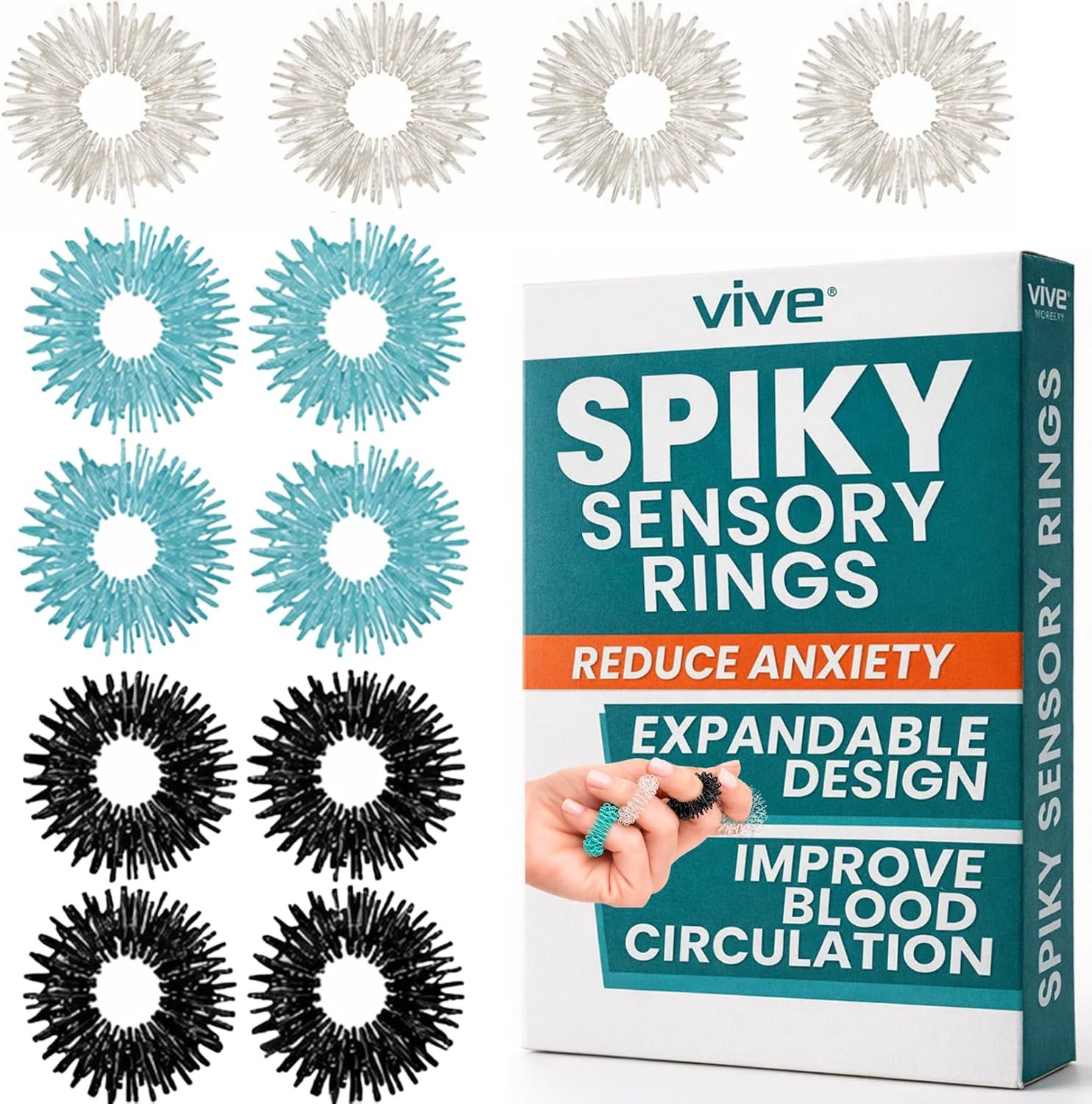Vive Spiky Sensory Rings (12-PK) – Fidget Anti-Anxiety Acupressure – Spiky