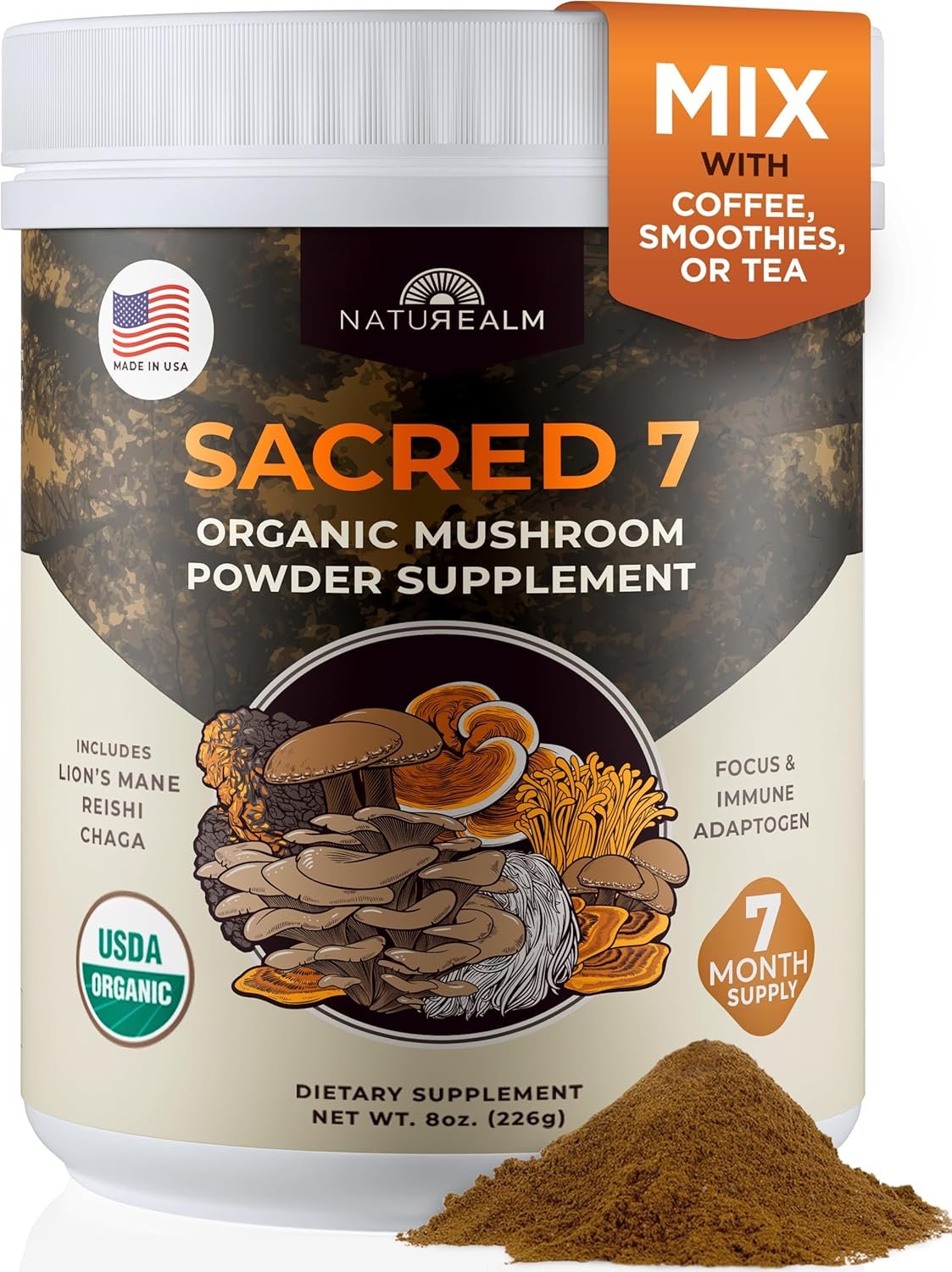 Naturealm Sacred 7 Organic Mushroom Powder, 226 Servings (7 Month Supply)