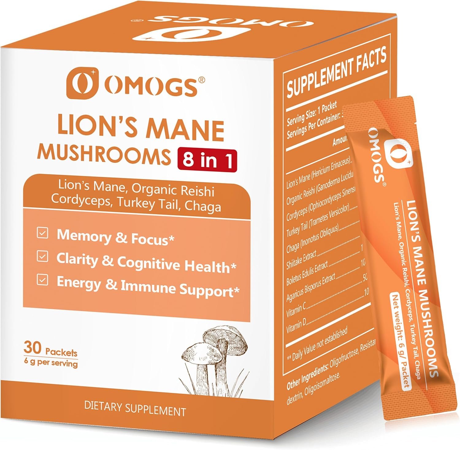 OMOGS Organic Mushroom Complex Extract Powder Blend Lion’s Mane, Reishi, Chaga, Cordyceps, Turkey Tail, Support Cognition, Clarity, Focus & Mood, Brain Health, 30 Servings