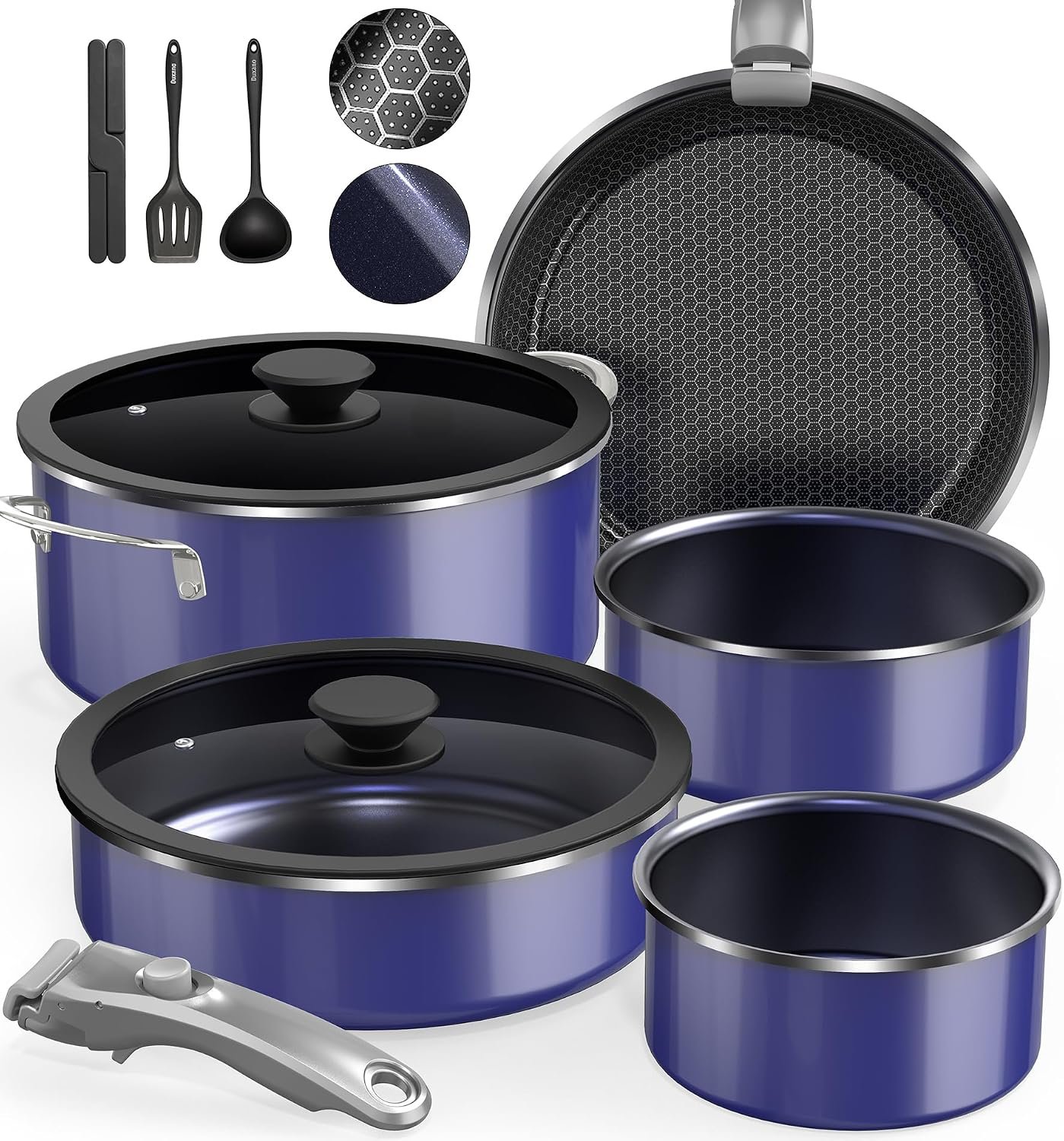 DUXANO Ceramic Pots and Pans Set Non Stick, 2026 Upgraded Hybrid Frypan, 1.5&2 QT Saucepans, Oil-less Cooking, PFAS Free Non Toxic, Induction Ready, Oven & Dishwasher Safe, Removable Handle, 12PC