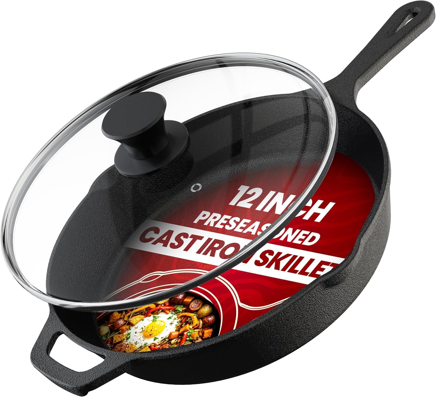 Utopia Kitchen Cast Iron Skillet 12 Inch with Lid Chefs Frying Pan Black