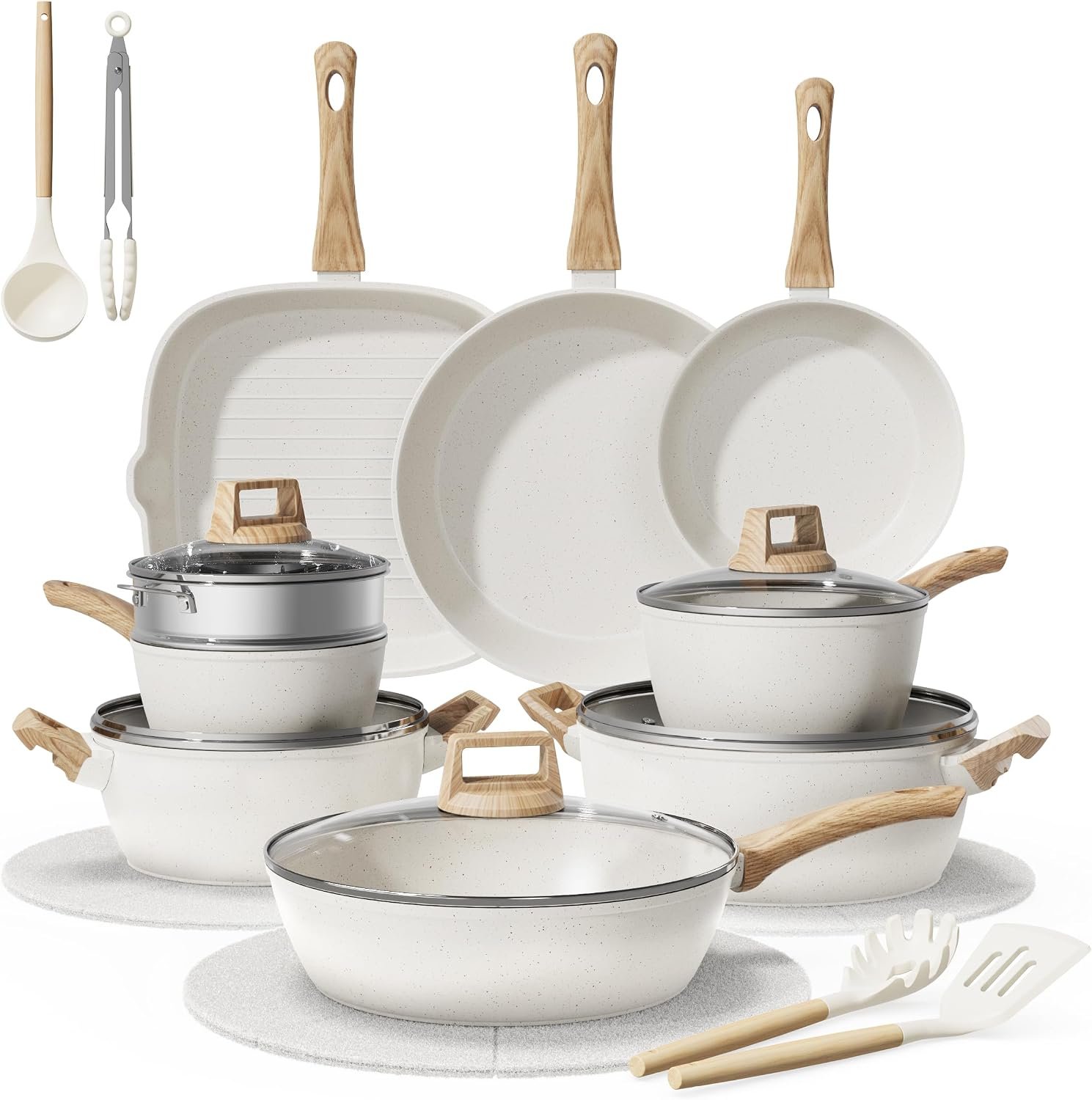 Bazova 24Pcs Pots and Pans Set, Long-Lasting Ceramic Nonstick Cookware Set