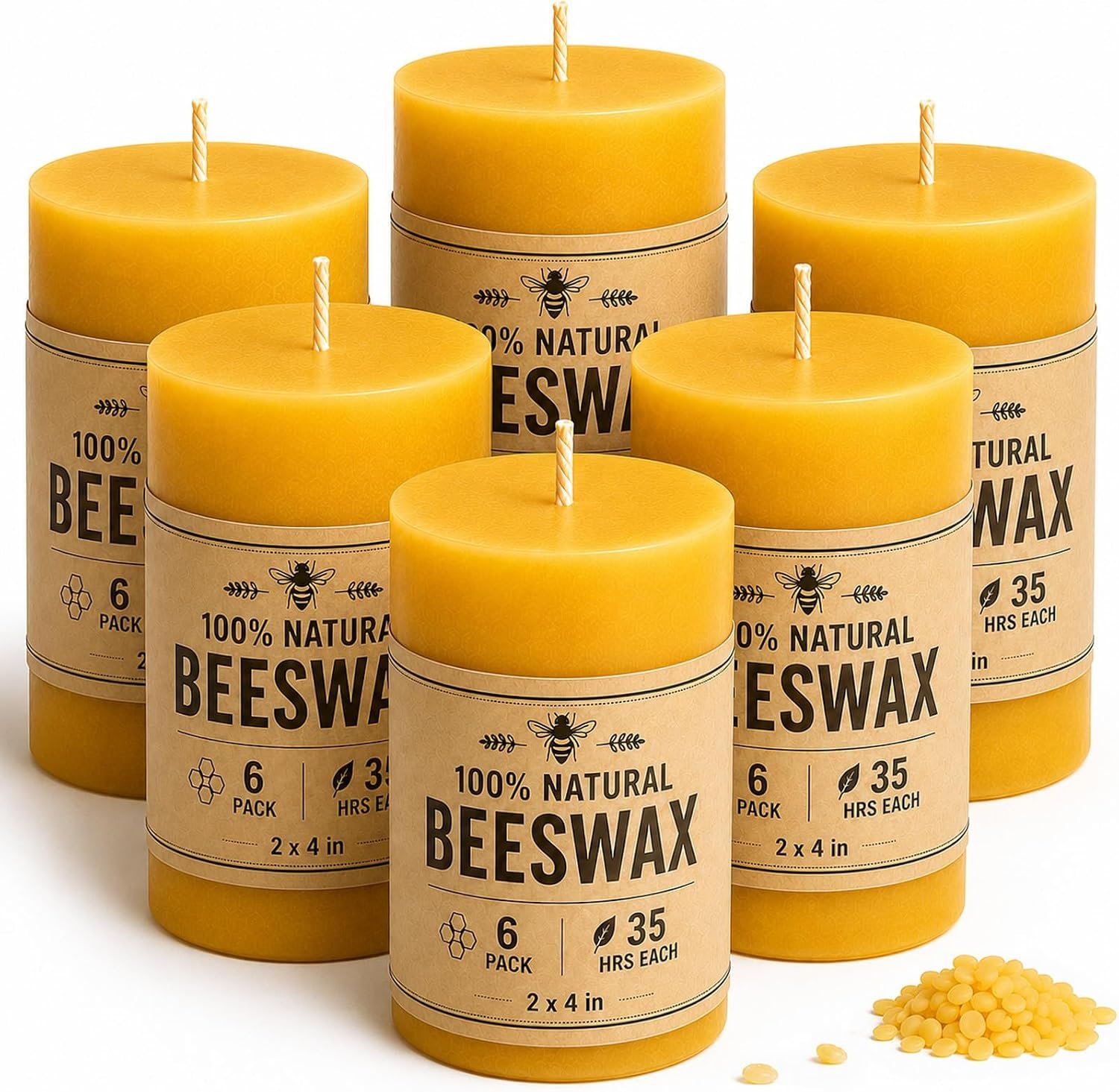 6 Pack Beeswax Pillar Candles, Non Toxic Beeswax Candle for Home, 2×4 inch