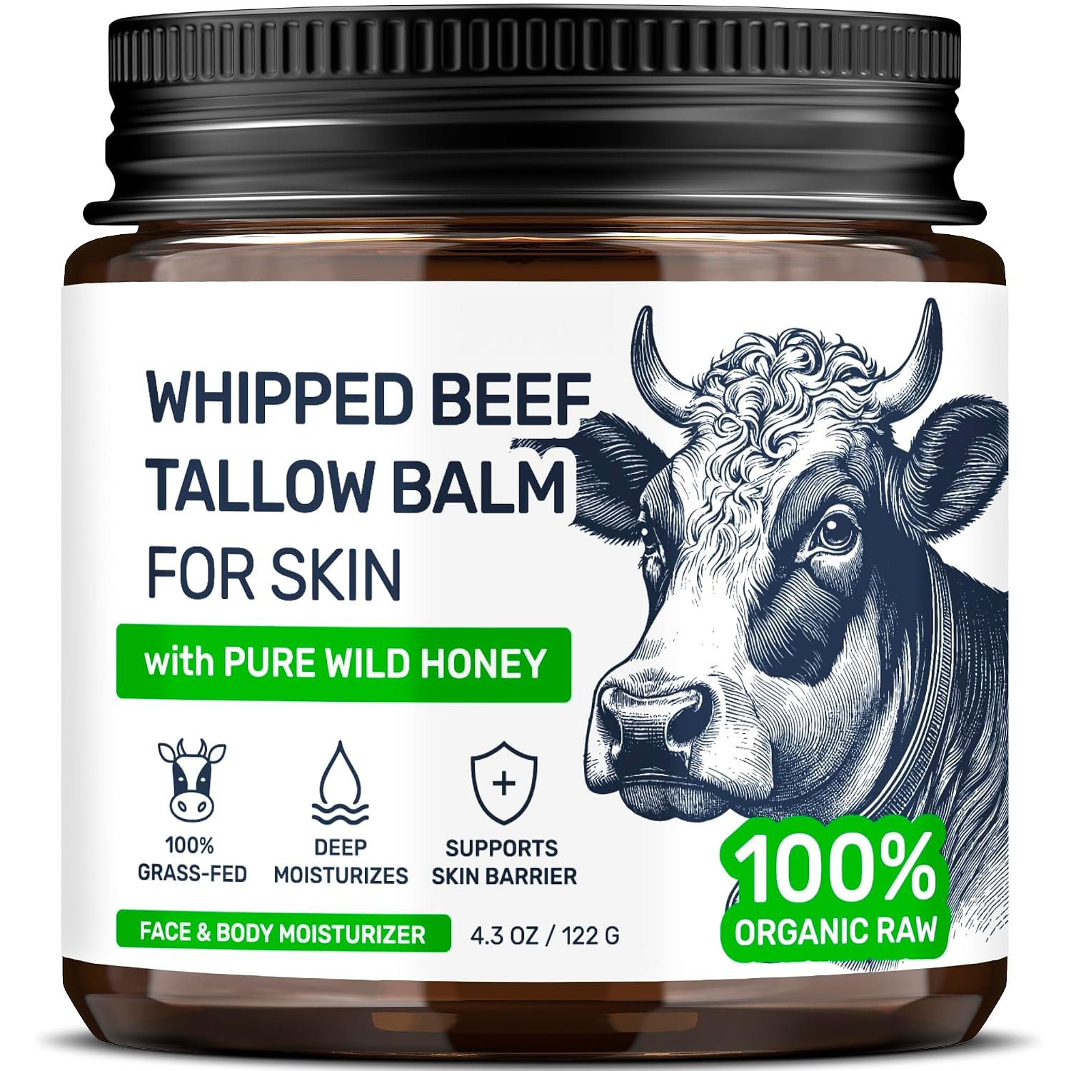 Beef Tallow for Skin – Grass Fed Whipped Tallow and Honey Balm for Face, 3-Ingredient Fragrance Free Beef Tallow for Face and Body with Beeswax – Moisturizer for Dry Sensitive Skin, 4.3 oz