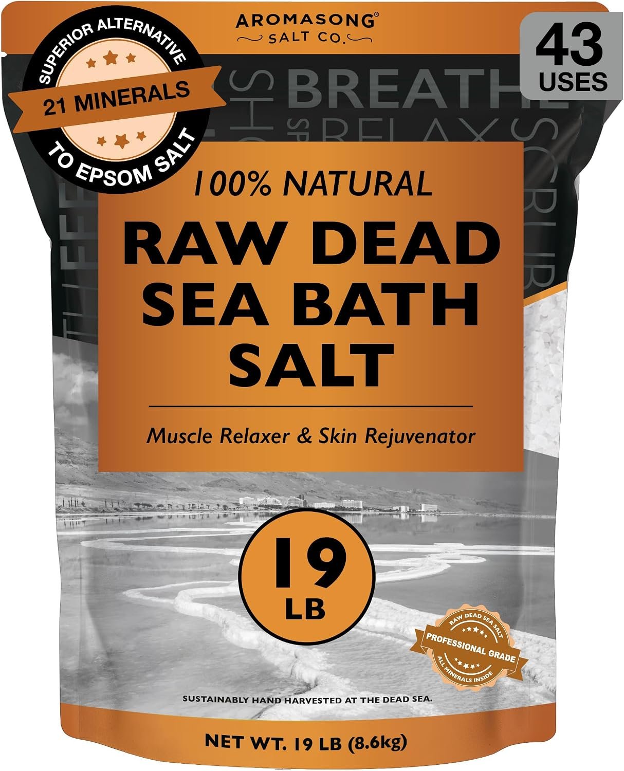 Aromasong Raw Dead Sea Bath Salt – Minimally Cleaned, Contains More Dead Sea Minerals Including Dead Sea Mud – 100% Pure & Natural Dead Sea Salts for Soaking 19 LB – Bulk Resealable Pack