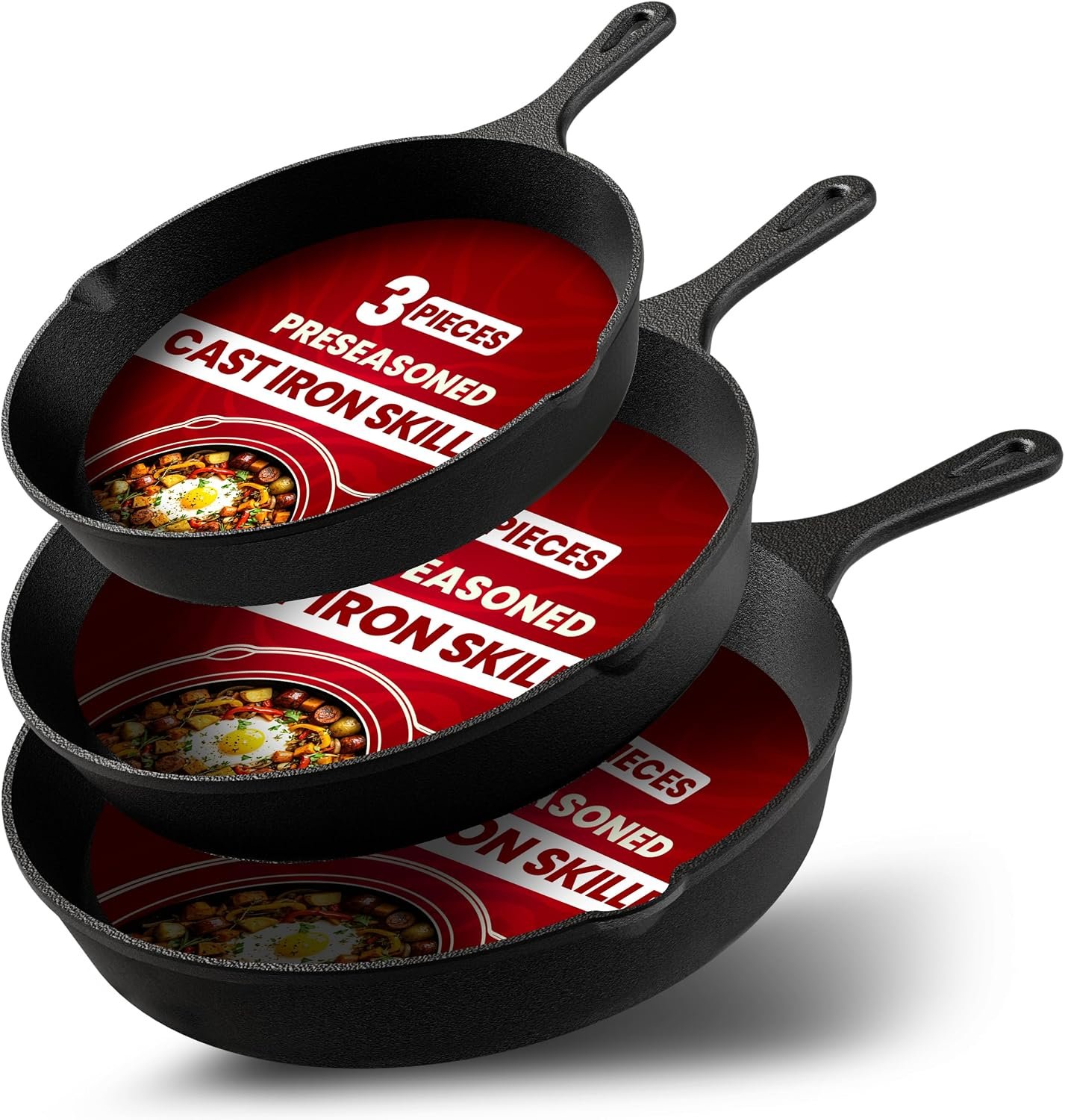 Utopia Kitchen Cast Iron Skillet Set 3 Piece 6 8 10 Inch PFAS-Free Black