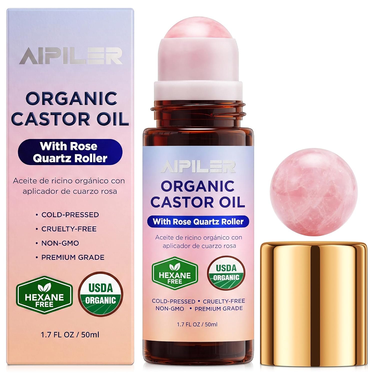 Castor Oil Rose Quartz Rollerball: Organic Castor Oil Roll On for Face