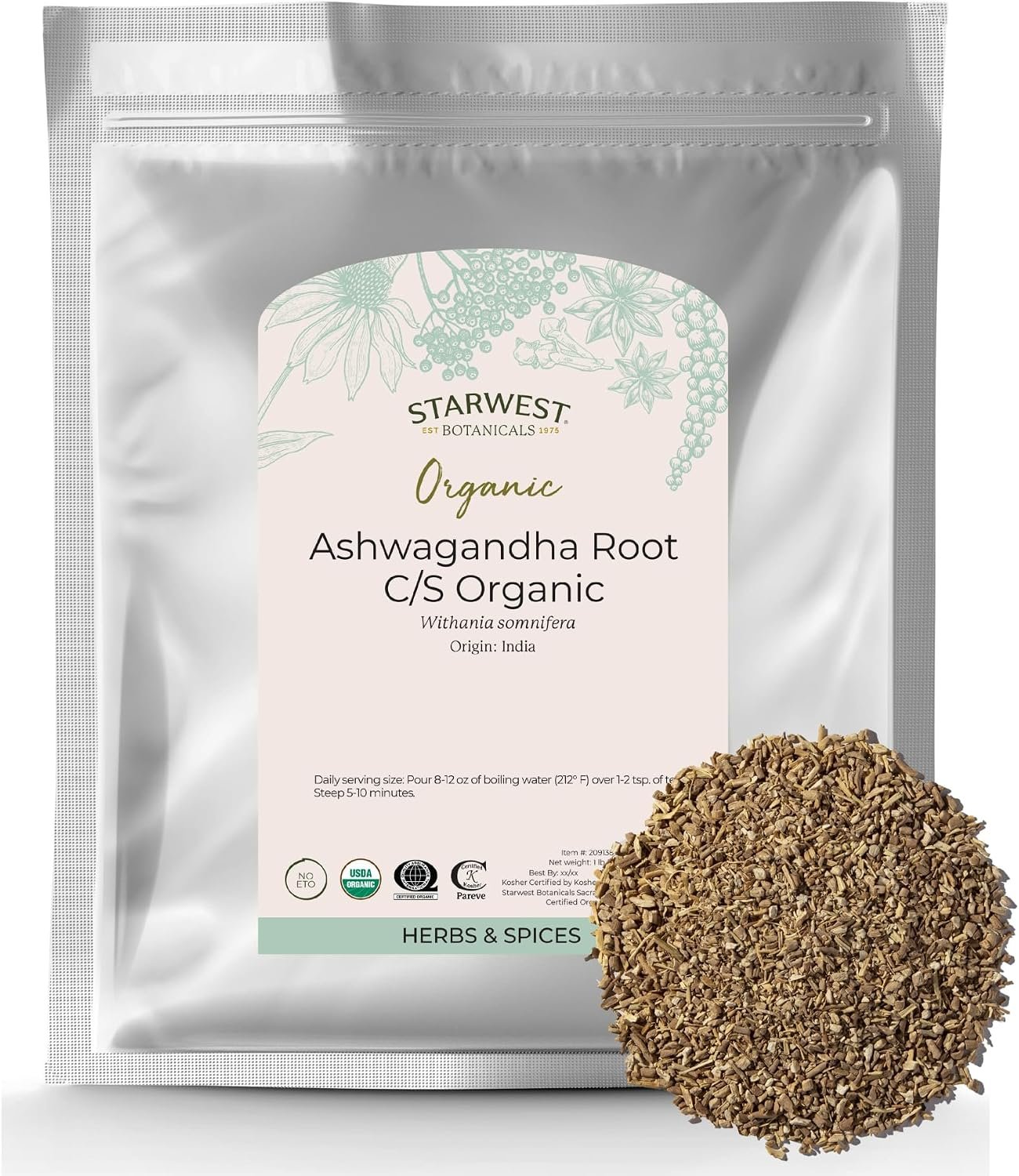 Starwest Botanicals Organic Ashwagandha Root, Cut & Sifted – Bulk 1 lb Bag
