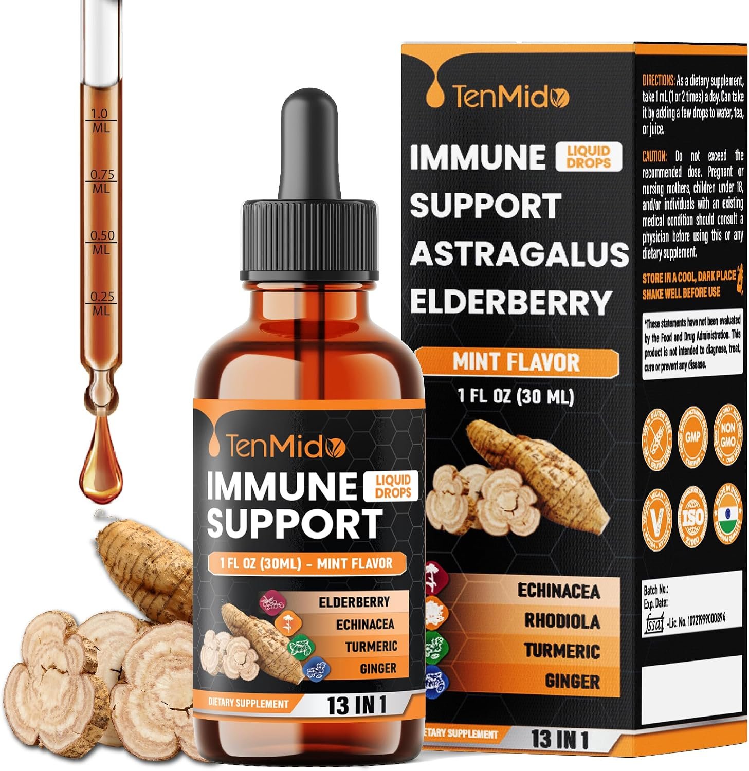 13-in-1 Immune Support Supplement Liquid Drops with Astragalus, Elderberry, Quercetin, Echinacea, Chlorophyll, Turmeric, Ginger, Rhodiola, Licorice, and More – 30ml 1 Fl Oz