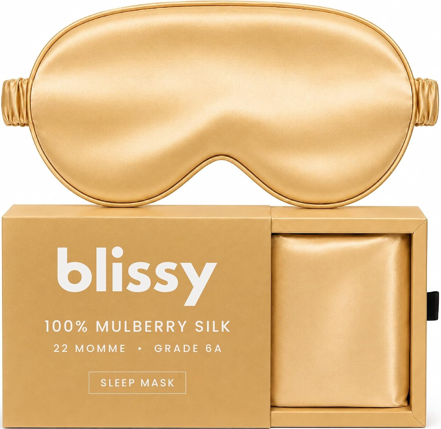 Blissy Silk Sleep Mask – Eye Sleeping Mask for Women & Men for Total Blackout – 100% Pure Mulberry Silk, 22 Momme 6a Fibers – Blindfold Sleep Mask Side Sleeper Eye Cover (Gold)