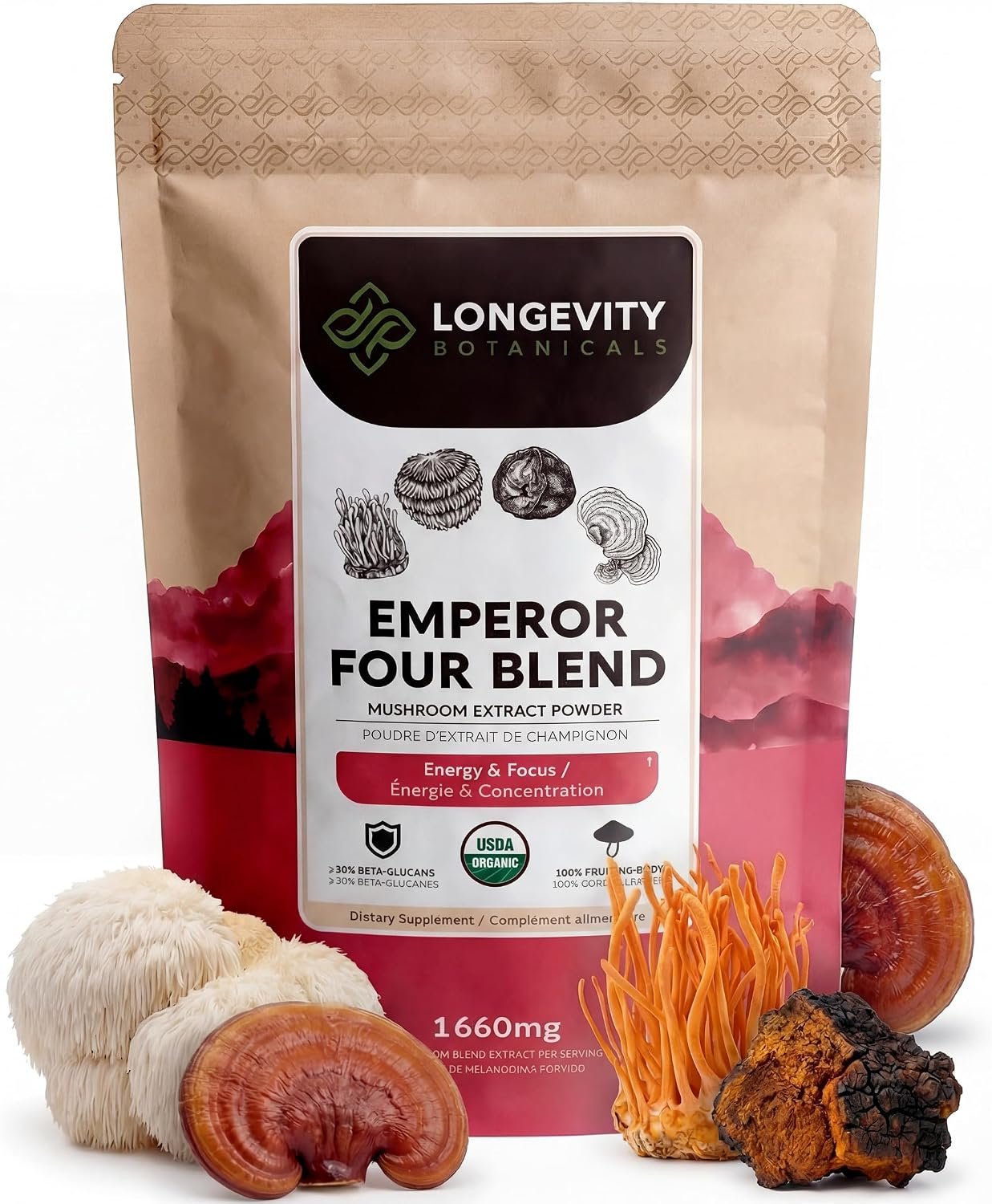 Organic Emperor 4 Mushroom Powder Supplement Extract | Full-Spectrum Blend