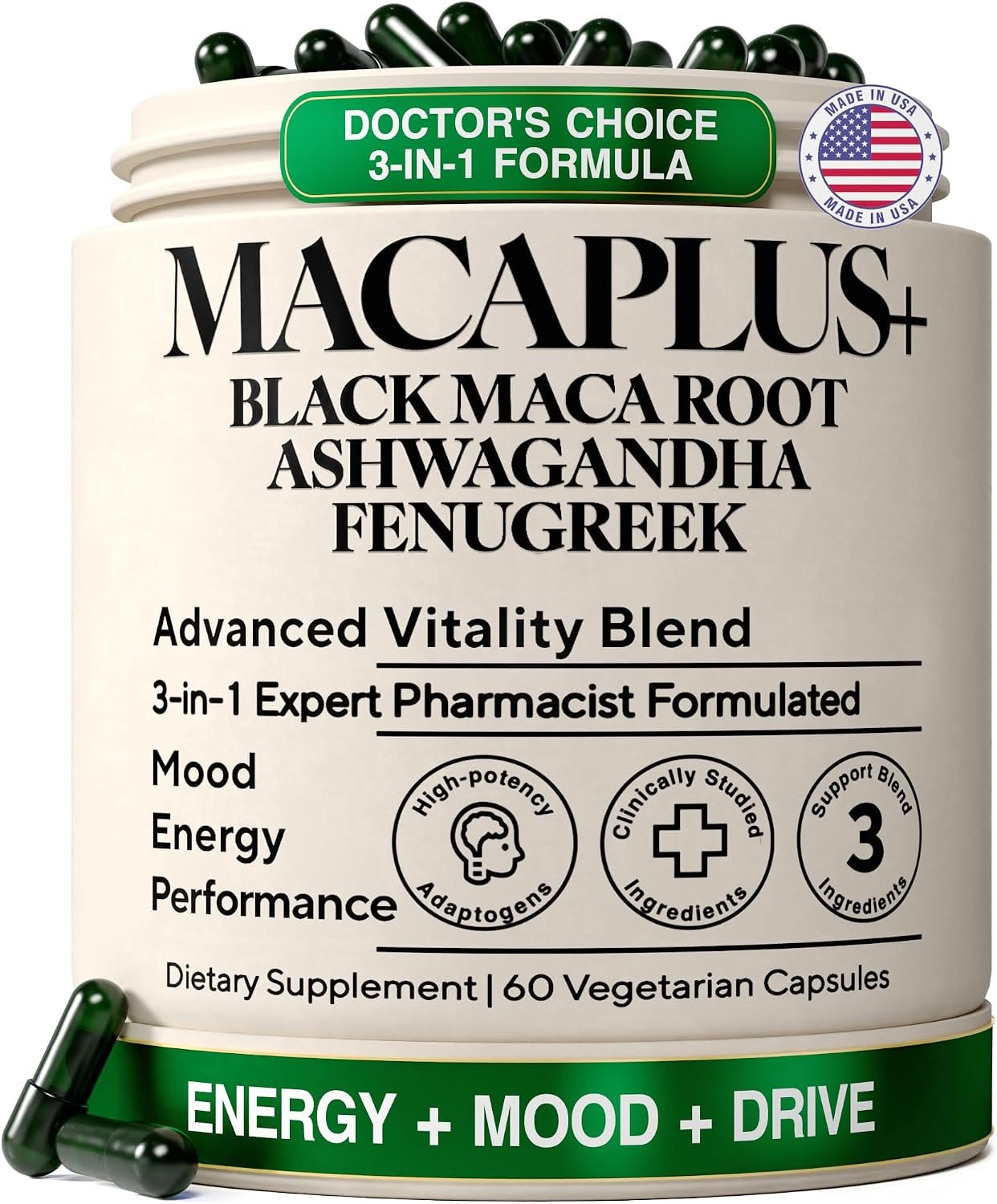 Maca Root Capsules for Men & Women, Organic Black Maca 40:1 Extract, 60ct