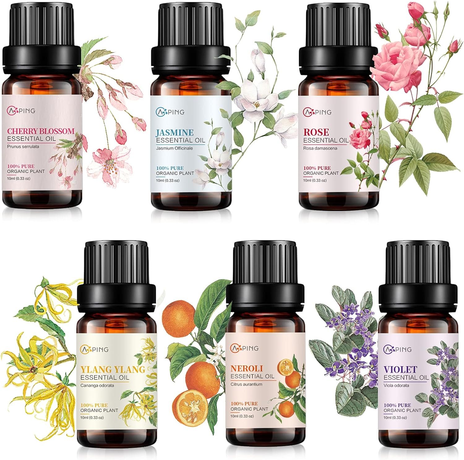 Essential Oil Set 6x10ML – 100% Pure Organic Plant Oil for Diffuser Massage Aromatherapy Spa Yoga Perfume Body – Cherry Blossom, Rose, Jasmine, Violet, Neroli, Ylang Ylang