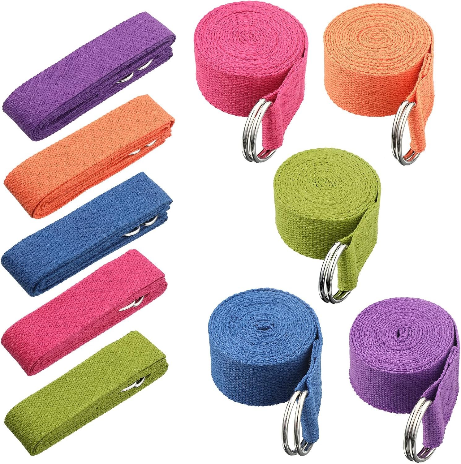 10 Pcs Yoga Strap 8ft Yoga Stretching Exercise Band Stretching Belt with Adjustable Metal D Ring Buckle Loop for Pilates, Dance, Physical Therapy, Gym Workout