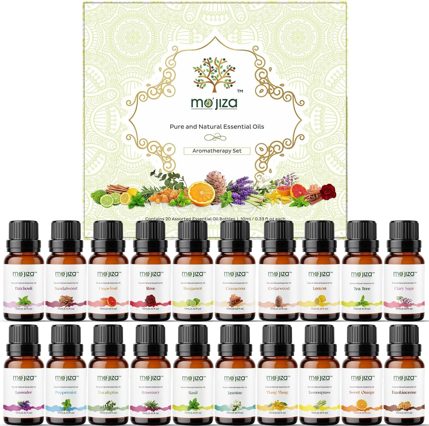 MO’JIZA Pure Aromatherapy Essential Oils Gift Set, 20 Oils-Sandalwood, Rose, Bergamot, Patchouli, Grapefruit, Clary Sage, Jasmine, Lavender, and More, 10ml Each. Certified Kosher, Vegan & Cruelty Free