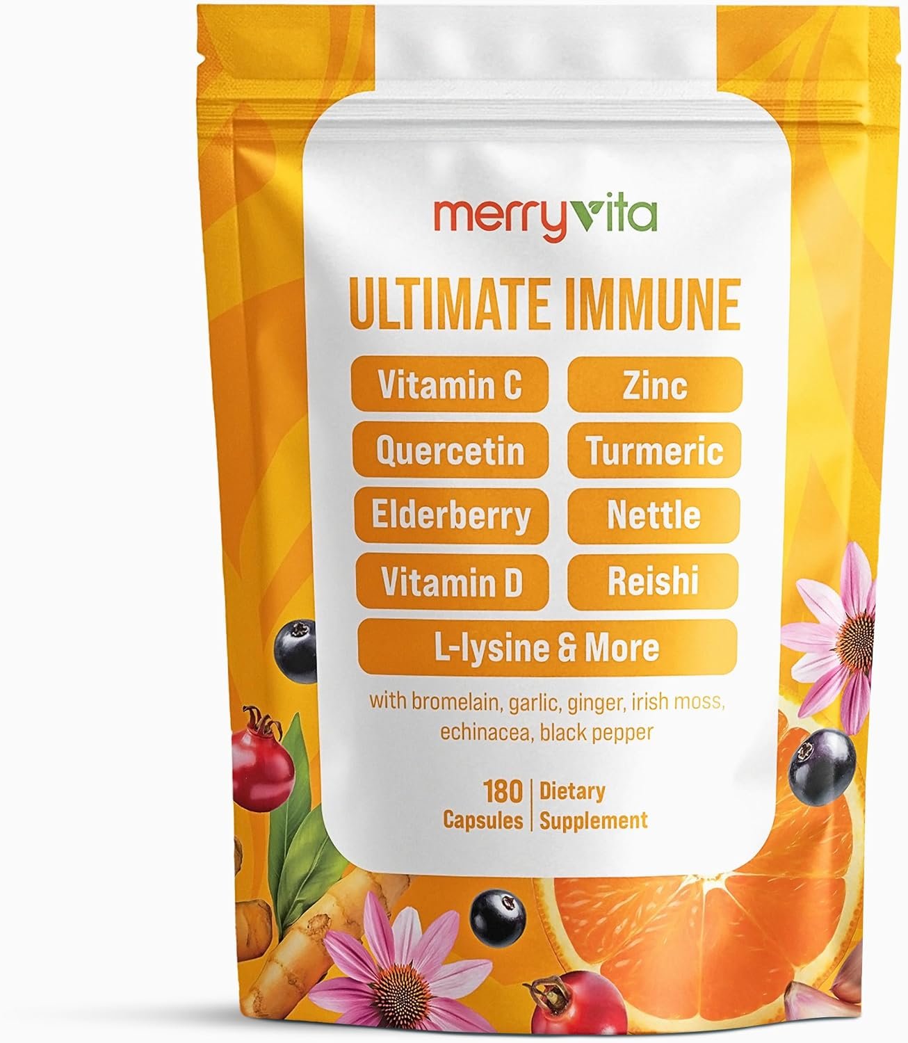MERRY VITA Liposomal Vitamin C 1000mg – Immune Support Supplement with Zinc, Rose Hips, Elderberry, Quercetin, Bioflavonoids – Natural, Vegan, Non-GMO – 180 Capsules