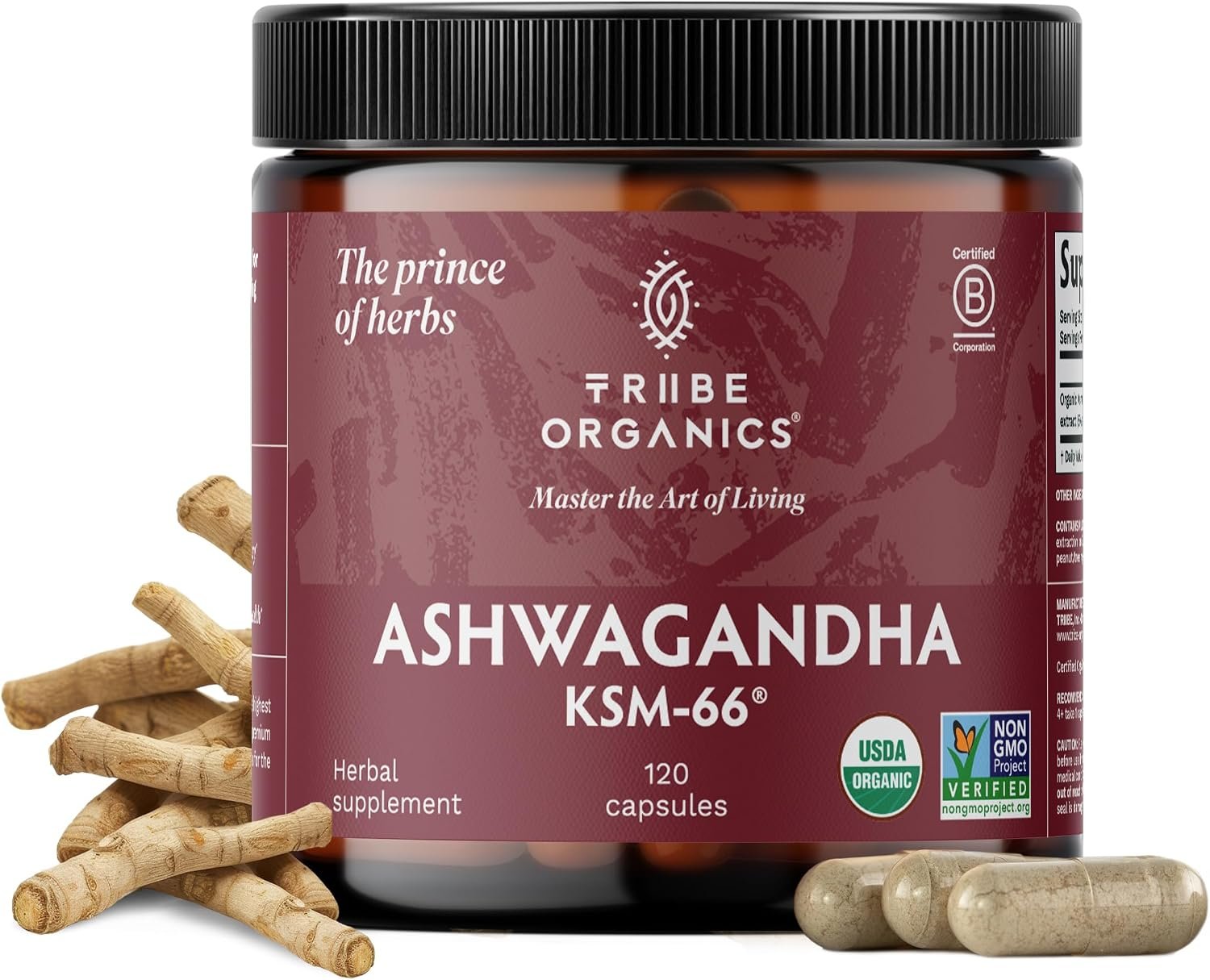 TRIBE ORGANICS Ashwagandha KSM 66 Organic Stress Support Supplement, 120ct