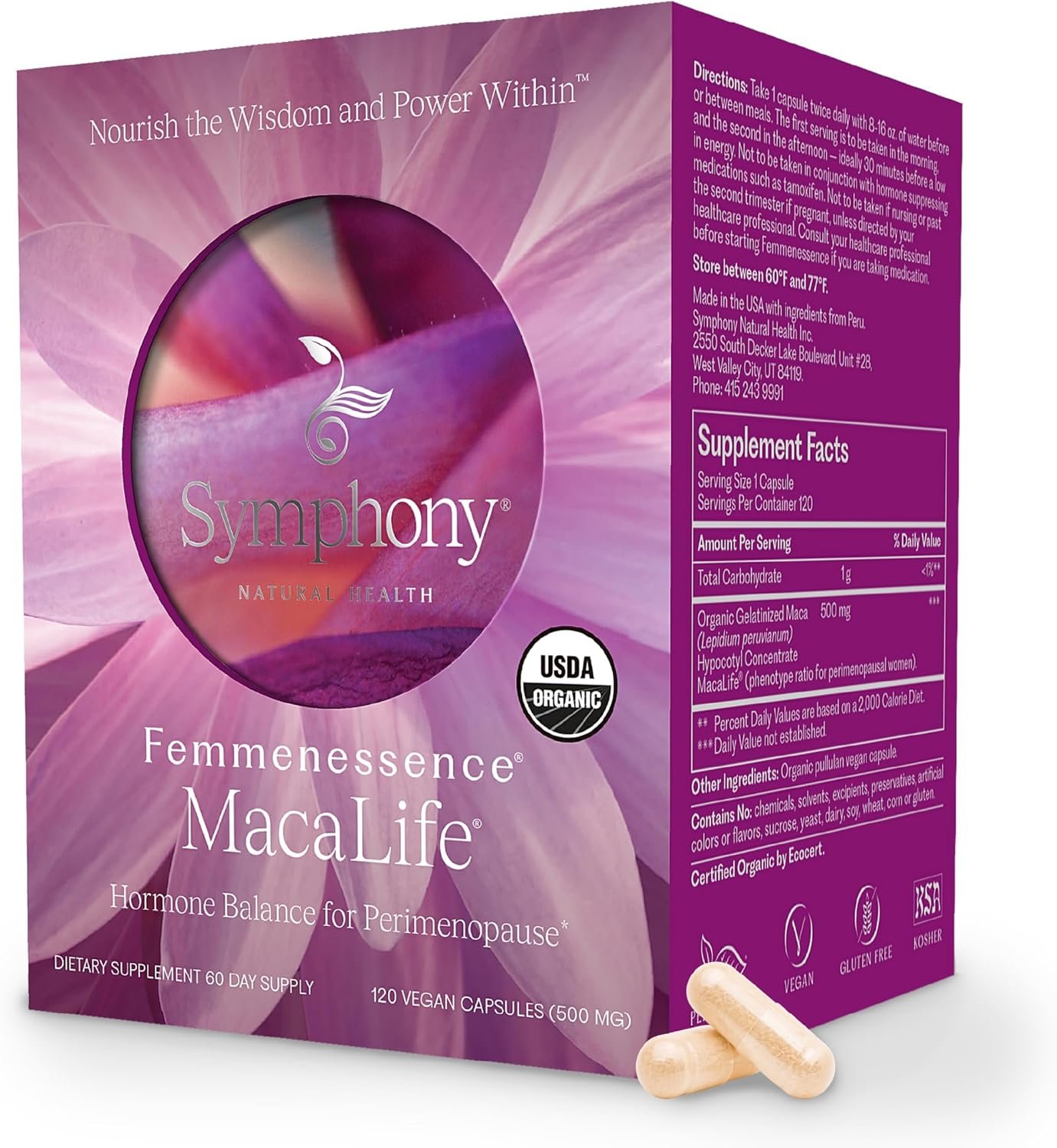 Femmenessence MacaLife – Clinically Proven Perimenopause Supplement for Women – Natural Hormone Balance, Mood, Hot Flashes & Night Sweats Relief – 120 Organic Vegan Capsules (60 Day Supply)