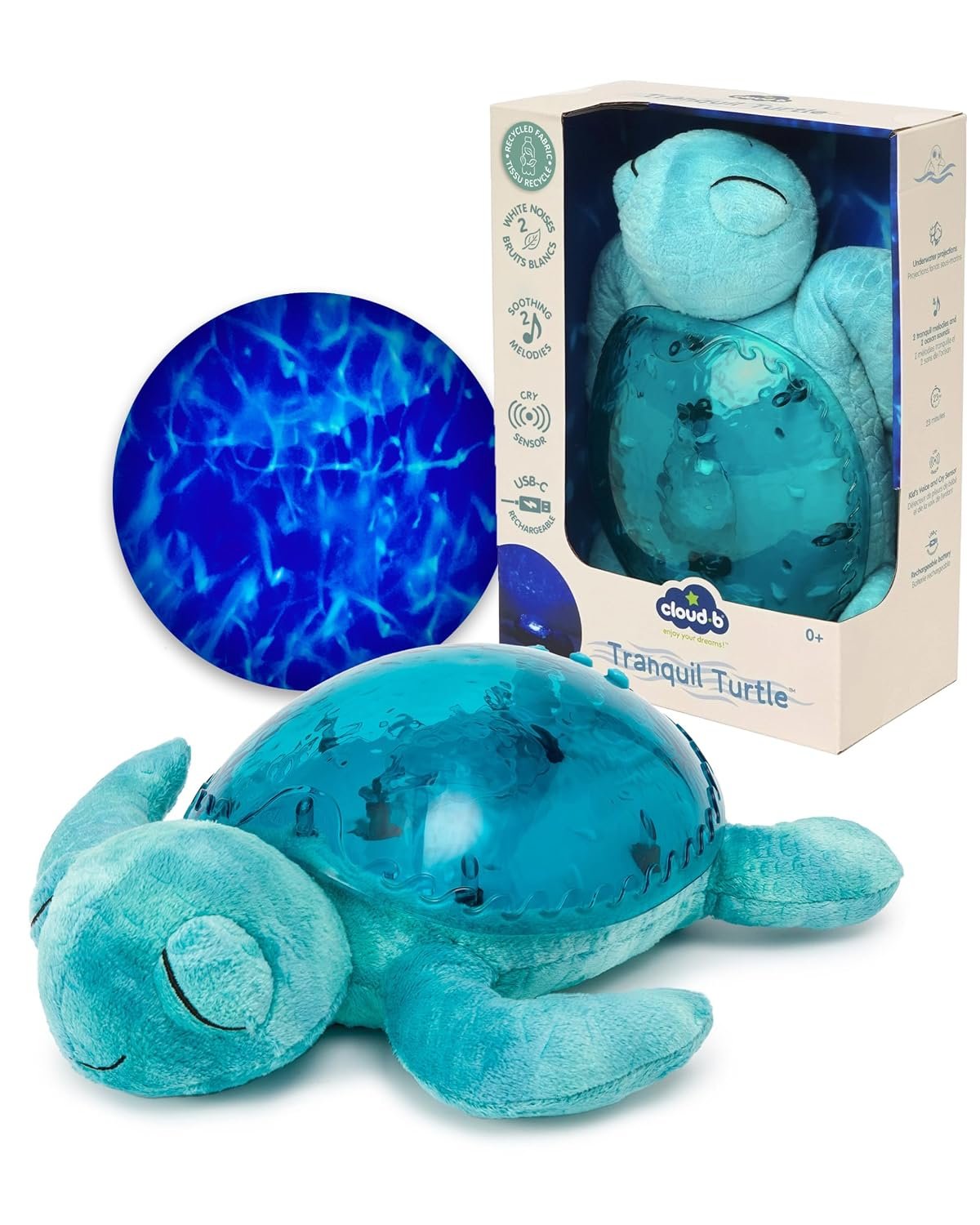 Cloud b Tranquil Turtle Aqua – White Noise Machine Baby, Baby Night Light & Portable White Noise Machine – Soothing Ocean Waves & Underwater Melodies, Cry Sensor, Rechargeable, Eco-Friendly