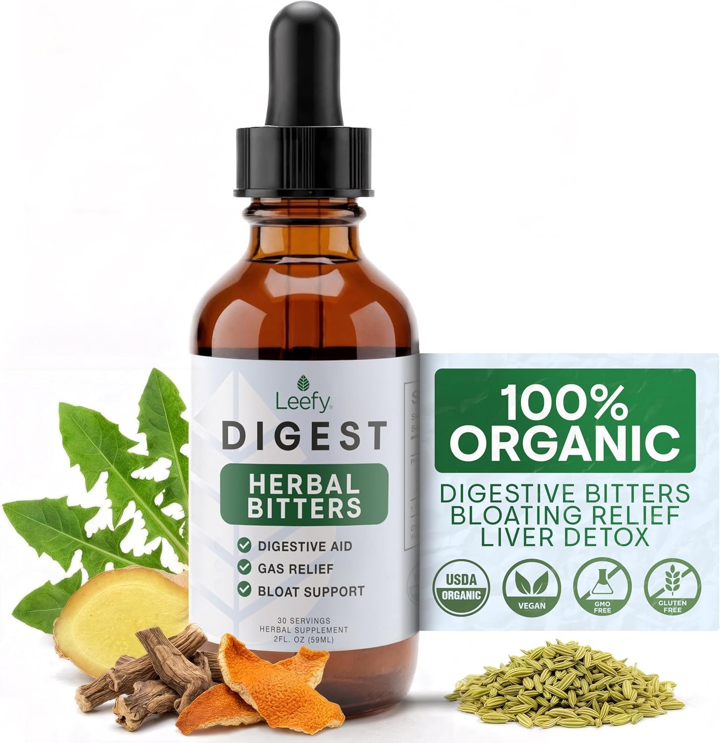 Leefy Organics Digestive Bitters Drops, Gentian, Dandelion, Ginger