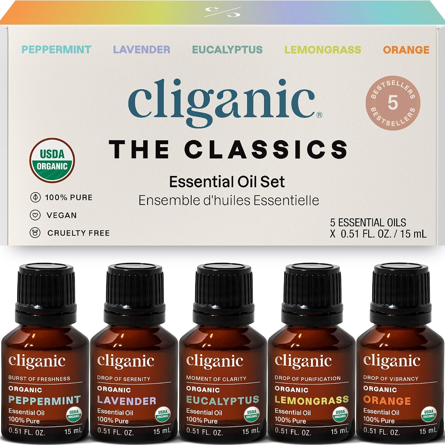 Cliganic Organic Essential Oils Set for Home Diffuser, 100% Pure, Top 5