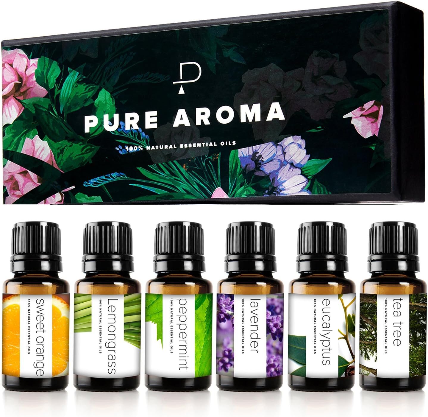 Pure Aroma Essential Oils Aromatherapy Set – 6 x 10ML Oils for Diffusers, Home Care, Candle Making Scents, Fragrance, Humidifiers, Gifts – Peppermint, Tea Tree, Lavender, Eucalyptus, Orange