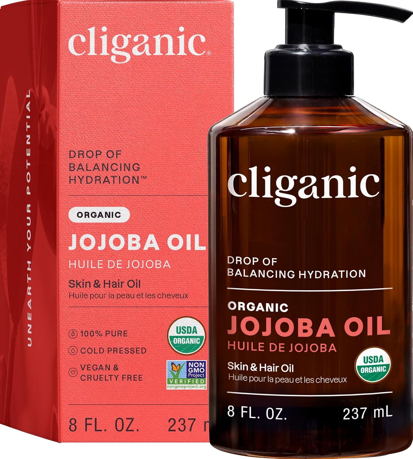 Cliganic Organic Jojoba Oil, 100% Pure Cold Pressed for Face & Hair, 8oz