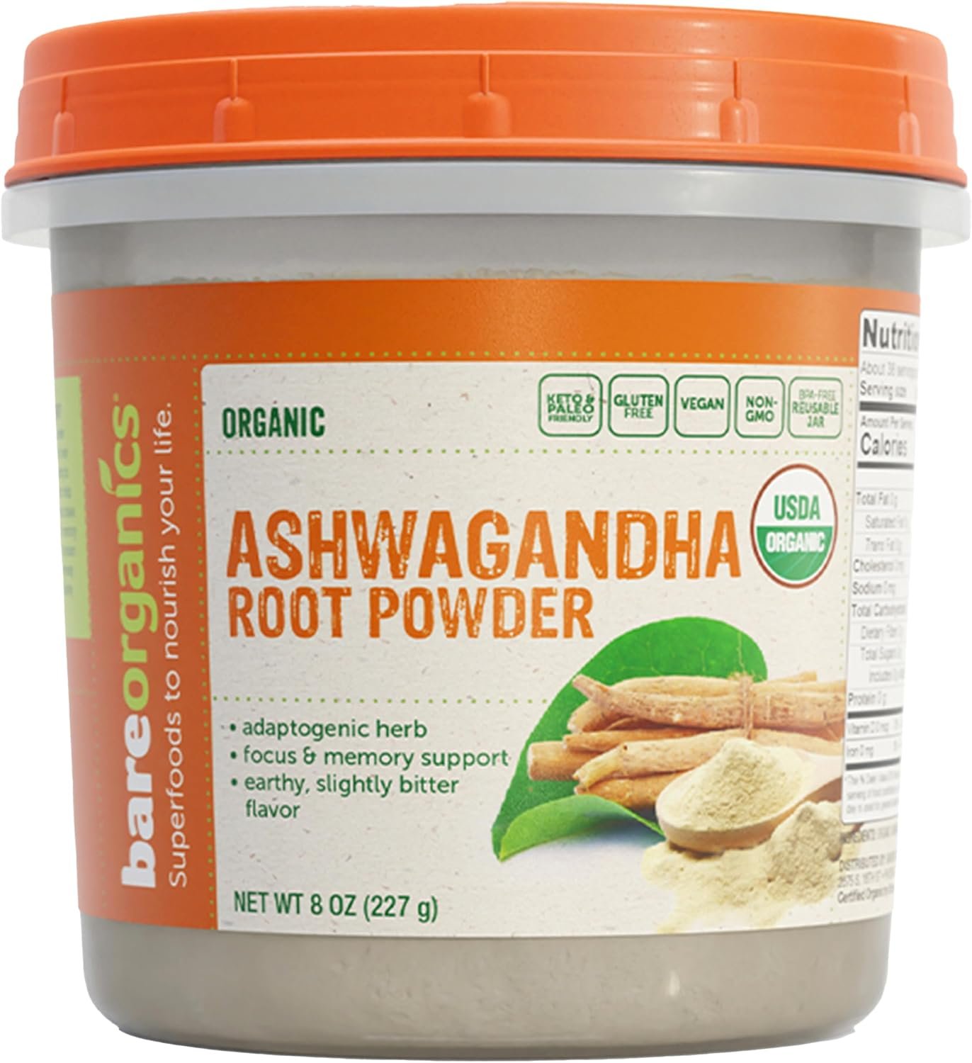 BareOrganics Ashwagandha Root Powder – Pure Herbal Ashwagandha – Organic Root Powder for Men & Women, USDA Organic, Vegan, 8 Oz