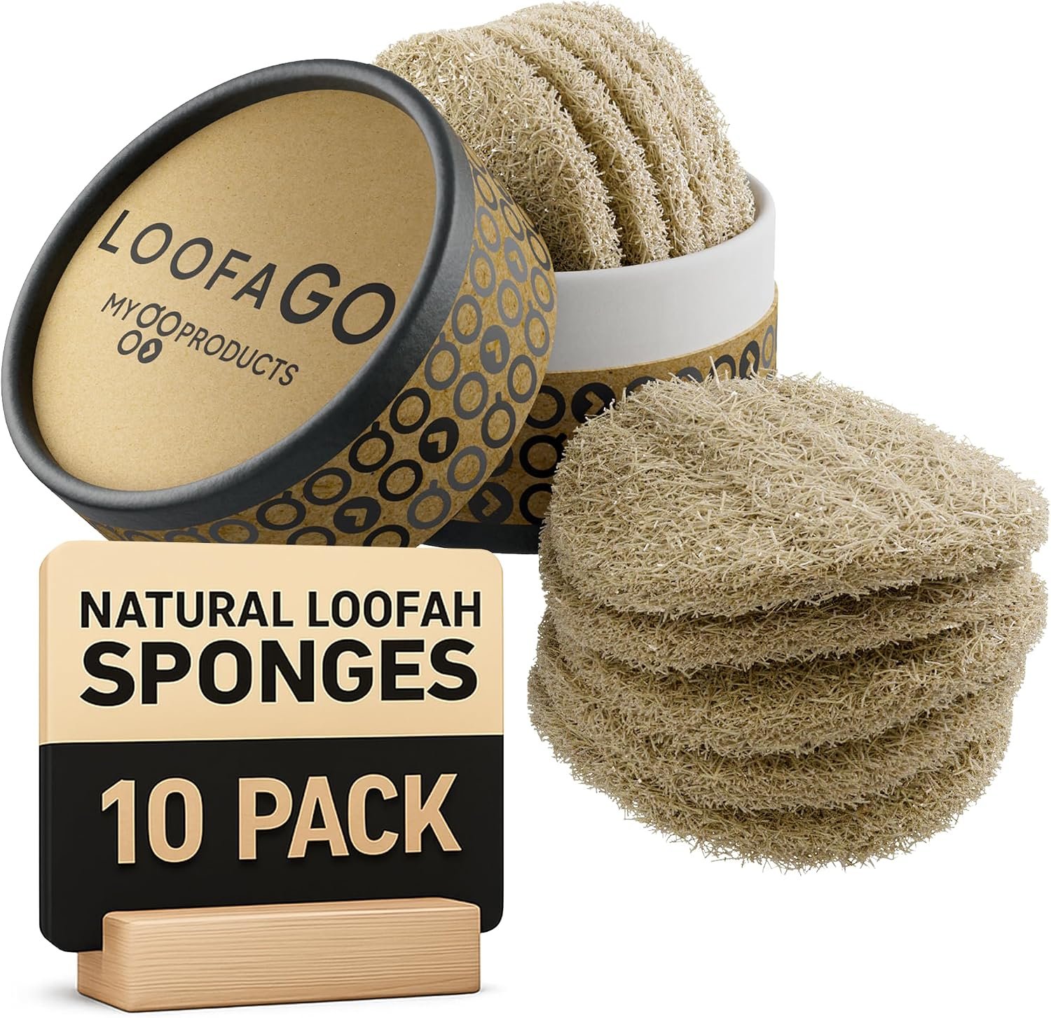 LoofaGO (10-Pack) Natural Loofah Sponges – 100% Biodegradable, Compostable & Plastic-Free, Non-Scratch Scrubbers for Kitchen, Dishes & Bath (Zero-Waste)