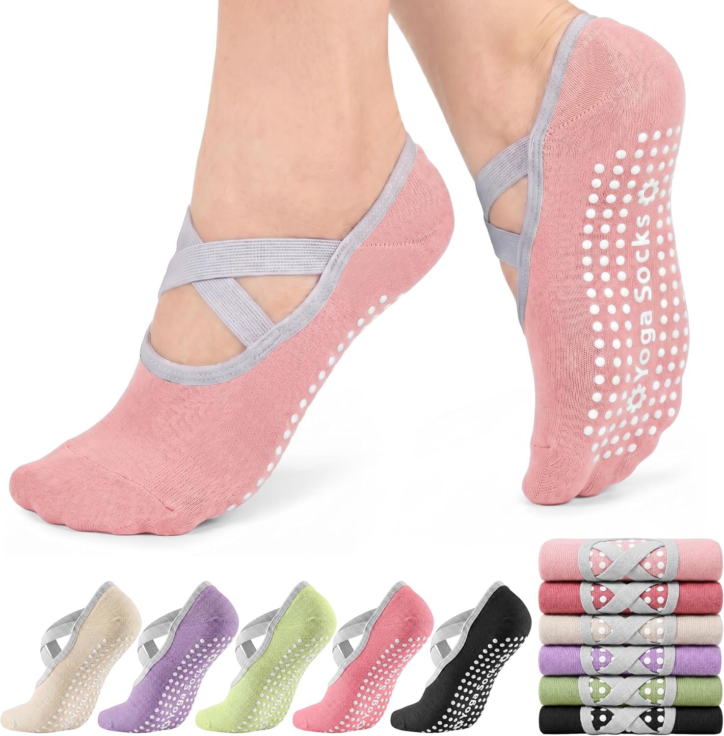 ihuan 6 Pairs Pilates Socks for women, Non-Slip Yoga Socks With Grip&Strap for Dance Barre Ballet Fitness Workout（5-9）